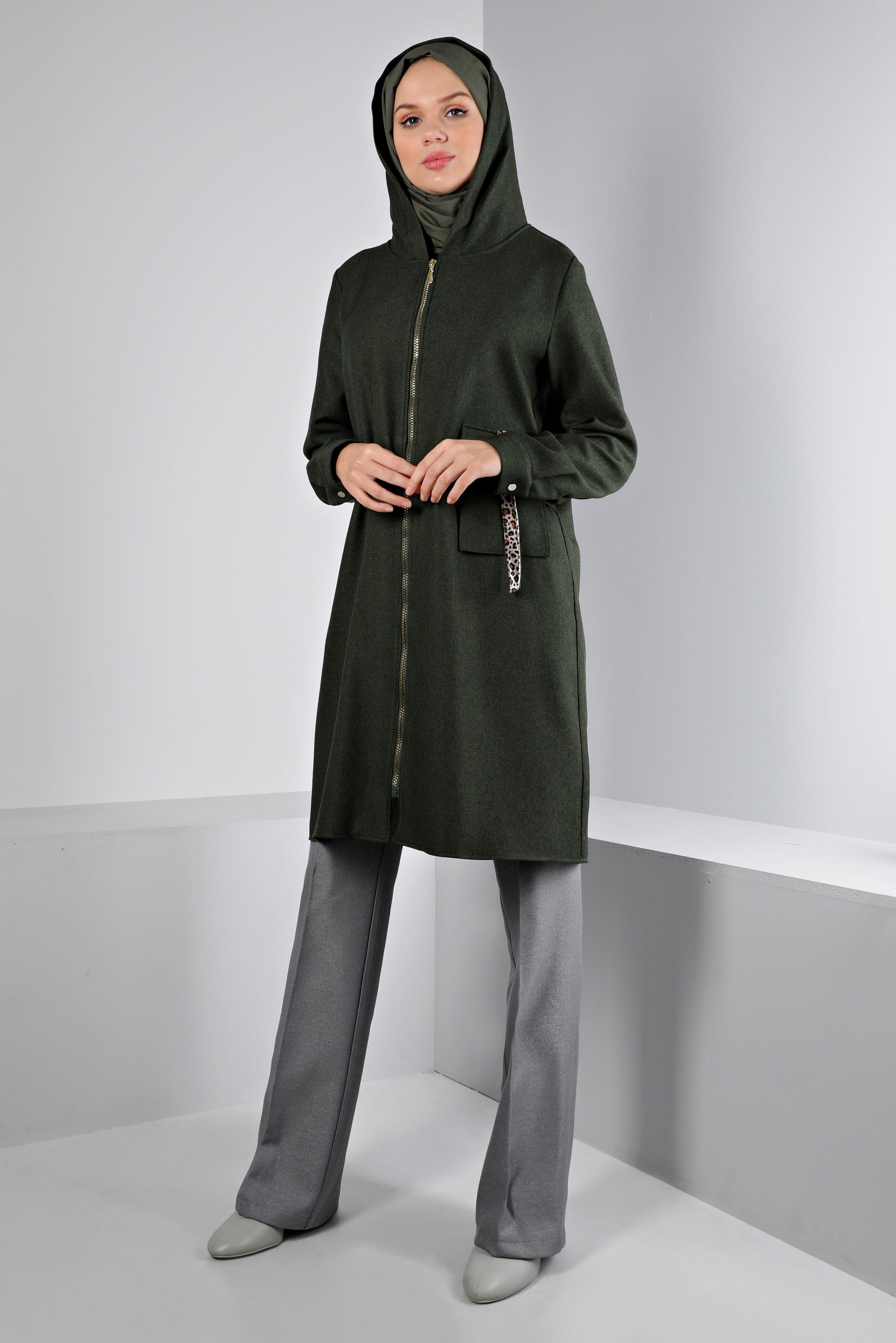 Tesettür giyim HAKİ CEP DETAYLI FERMUARLI TUNİK 43420 