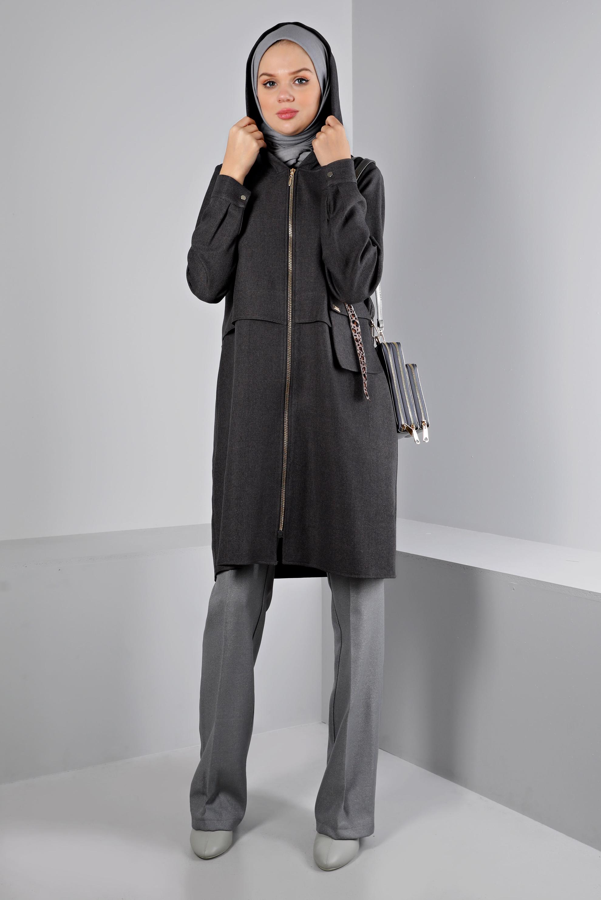 Tesettür giyim GRİ CEP DETAYLI FERMUARLI TUNİK 43420 
