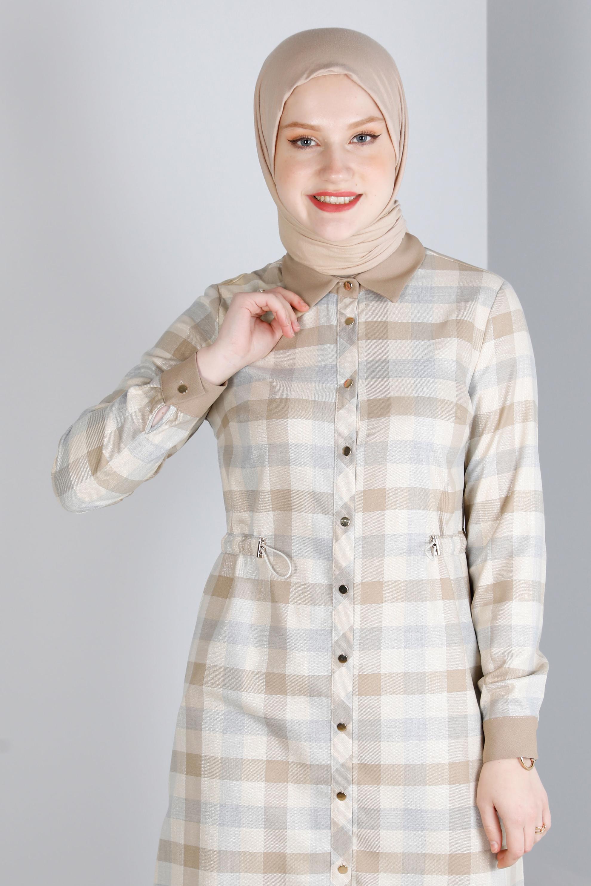 Vêtements hijab BEIGE TUNIQUE À CARREAUX TAILLE SMOCKING 43421