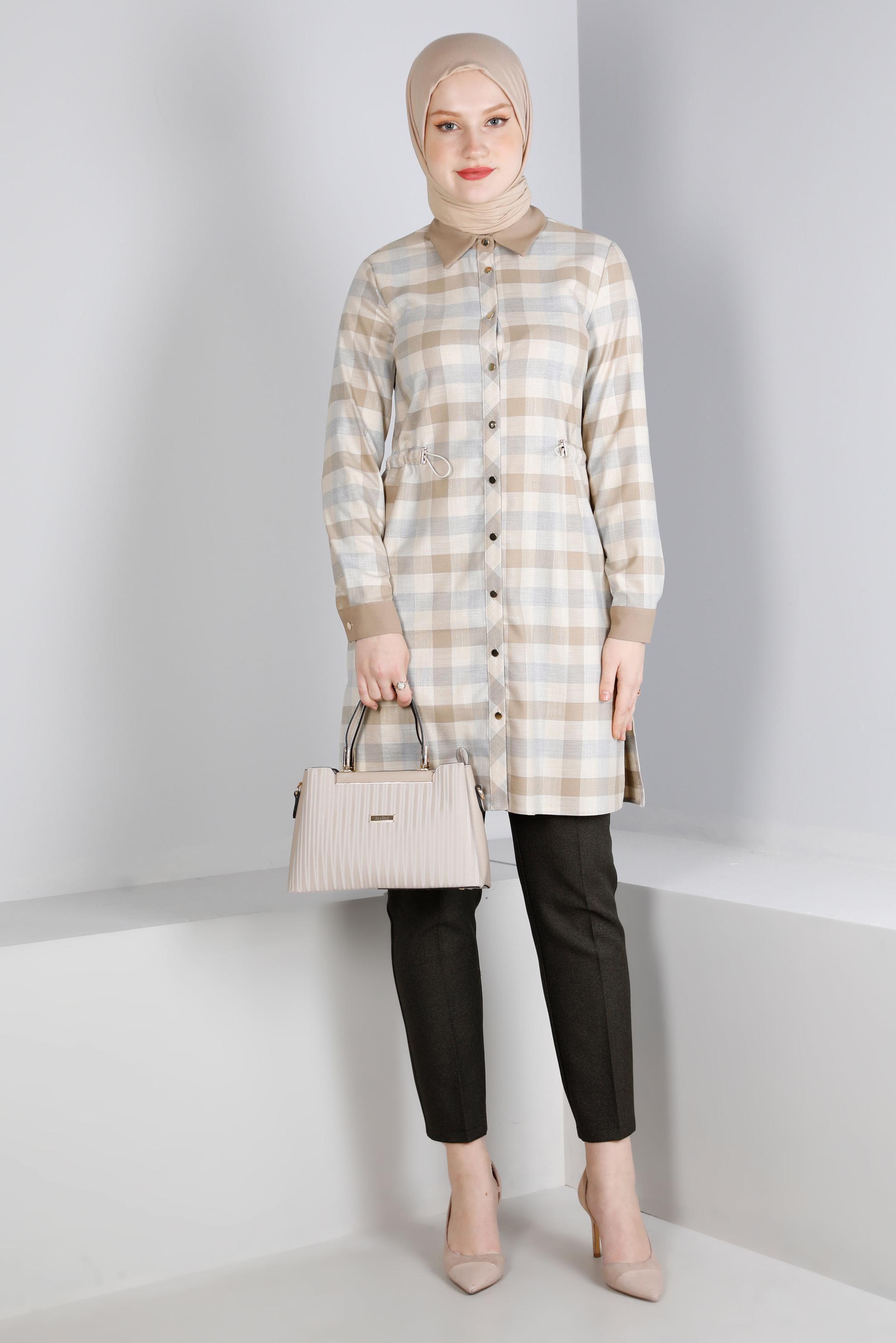 Vêtements hijab BEIGE TUNIQUE À CARREAUX TAILLE SMOCKING 43421