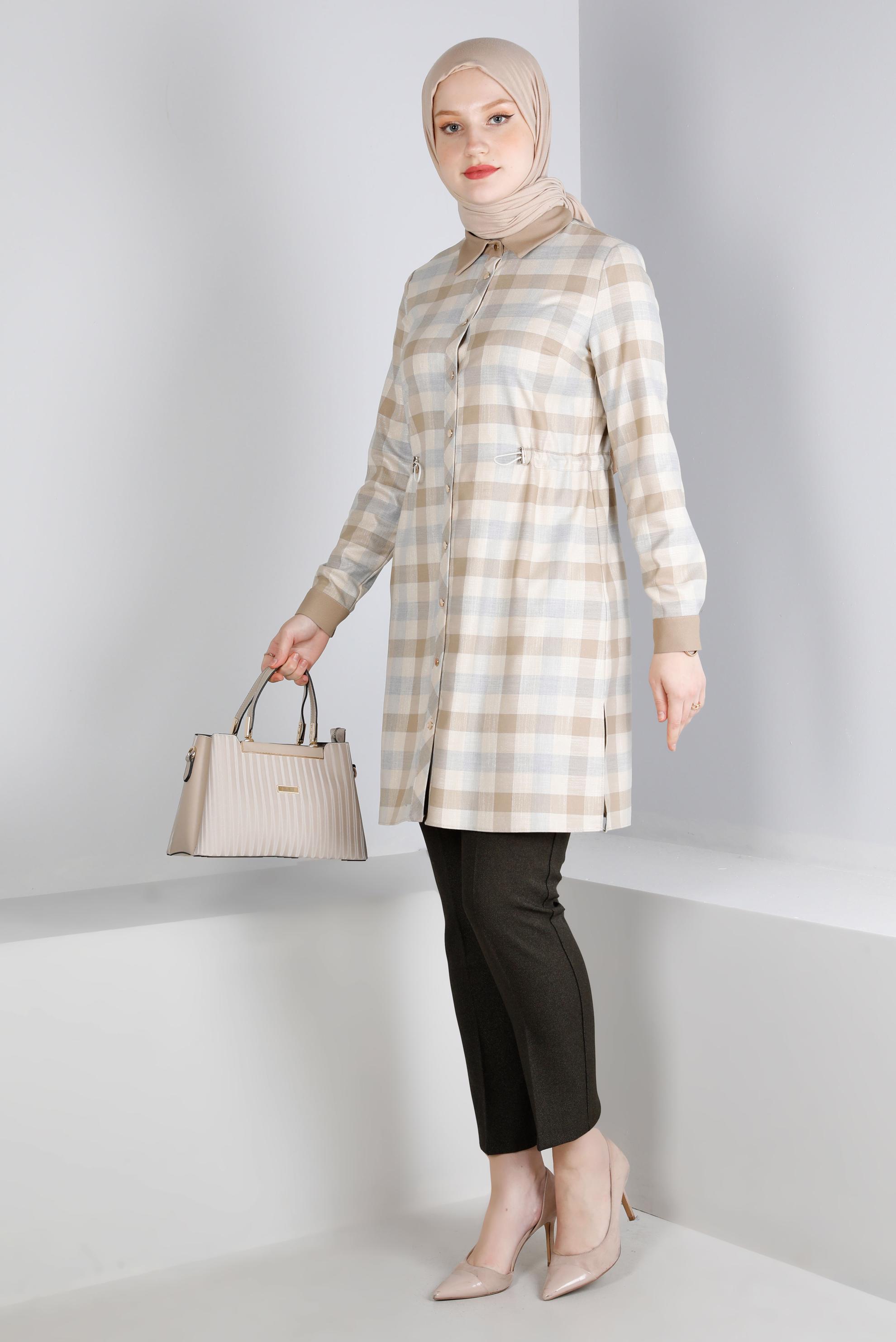 Vêtements hijab BEIGE TUNIQUE À CARREAUX TAILLE SMOCKING 43421