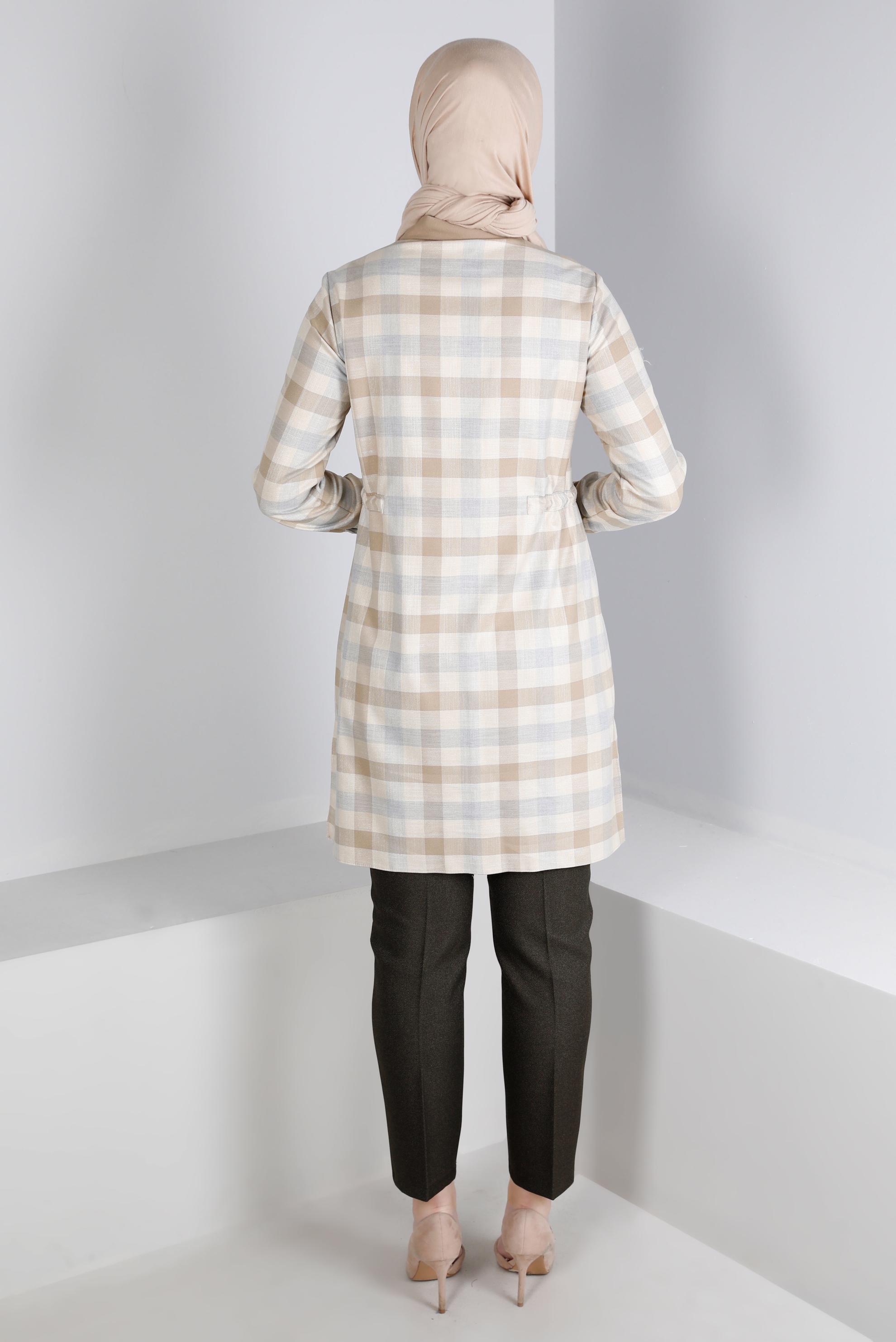 Vêtements hijab BEIGE TUNIQUE À CARREAUX TAILLE SMOCKING 43421