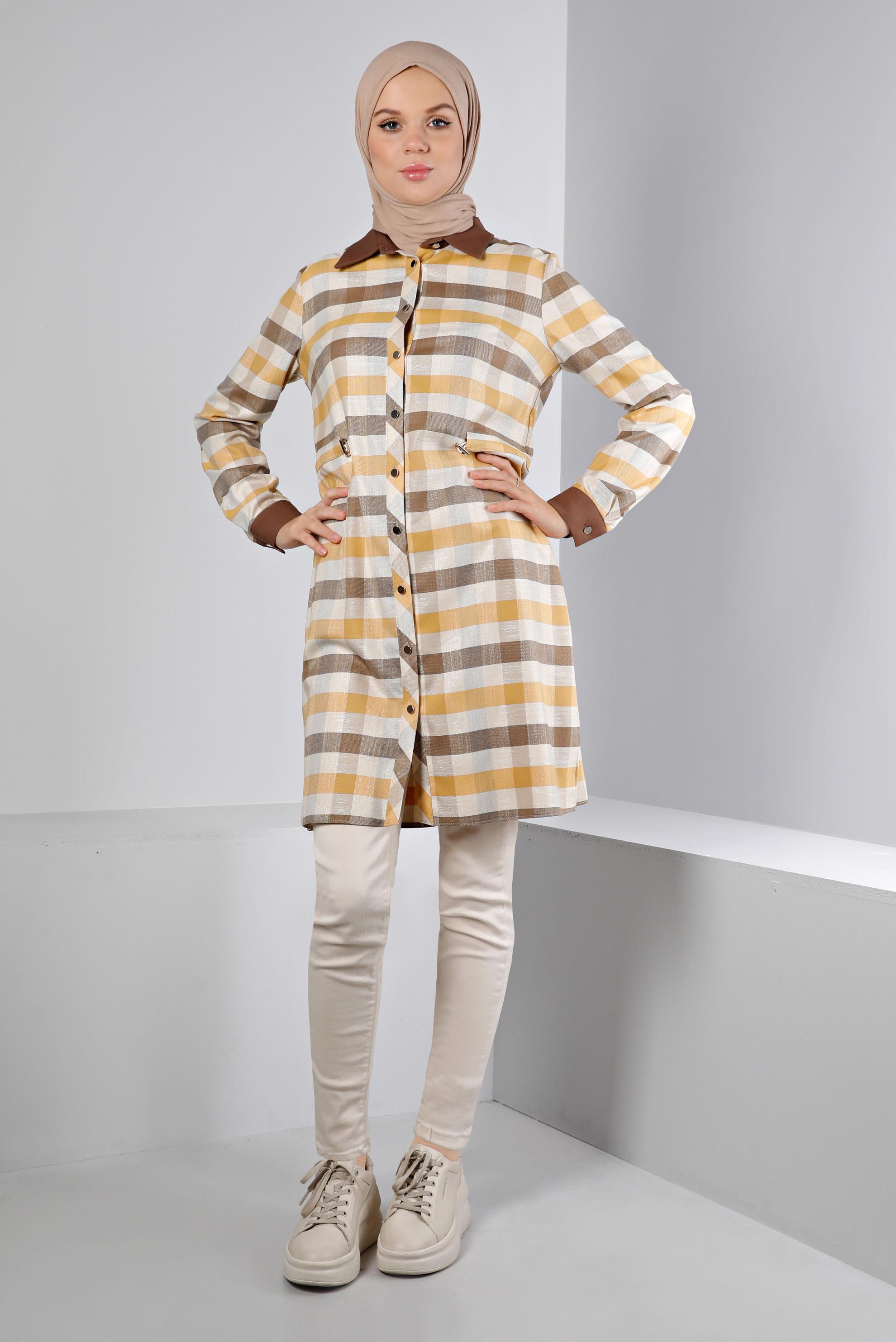 Tesettür giyim SARI BELİ BÜZGÜLÜ KARELİ TUNİK 43421