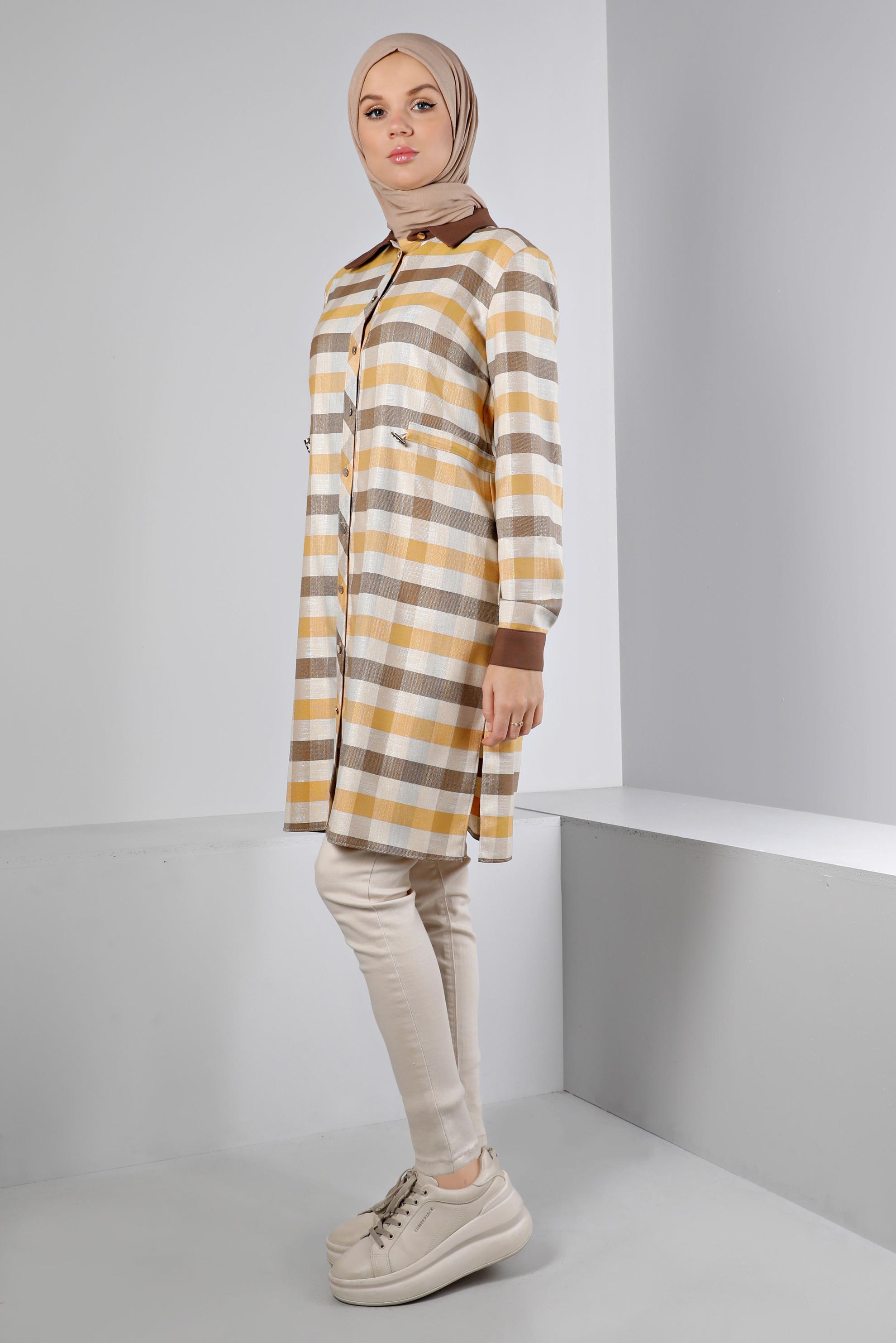 Tesettür giyim SARI BELİ BÜZGÜLÜ KARELİ TUNİK 43421