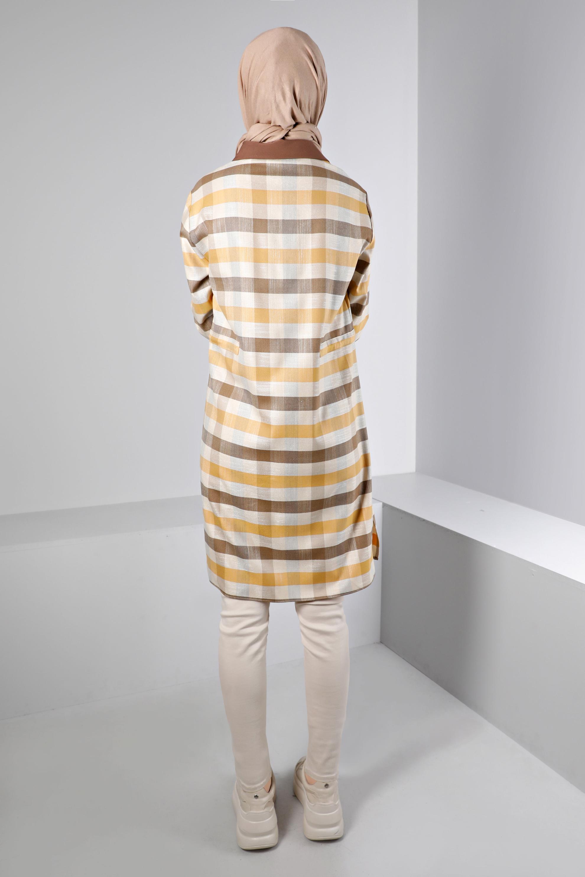 Tesettür giyim SARI BELİ BÜZGÜLÜ KARELİ TUNİK 43421