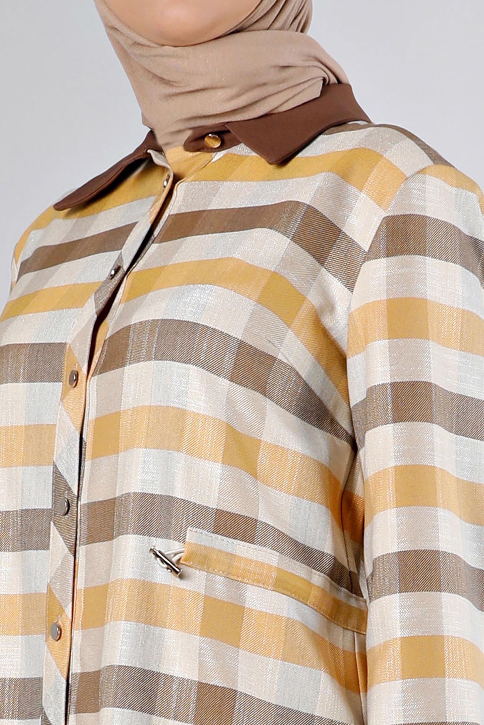 Tesettür giyim SARI BELİ BÜZGÜLÜ KARELİ TUNİK 43421