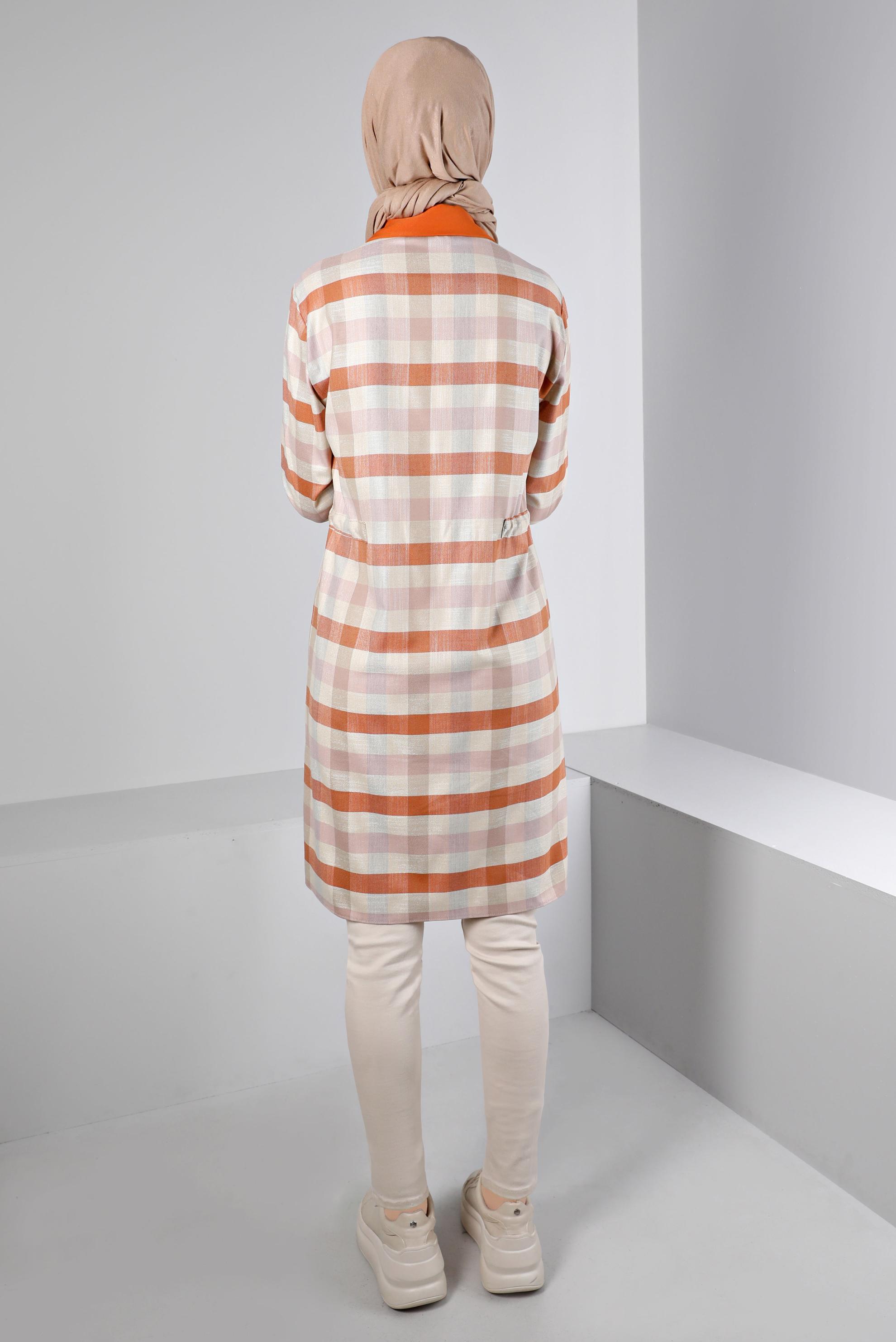 Tesettür giyim TURUNCU BELİ BÜZGÜLÜ KARELİ TUNİK 43421