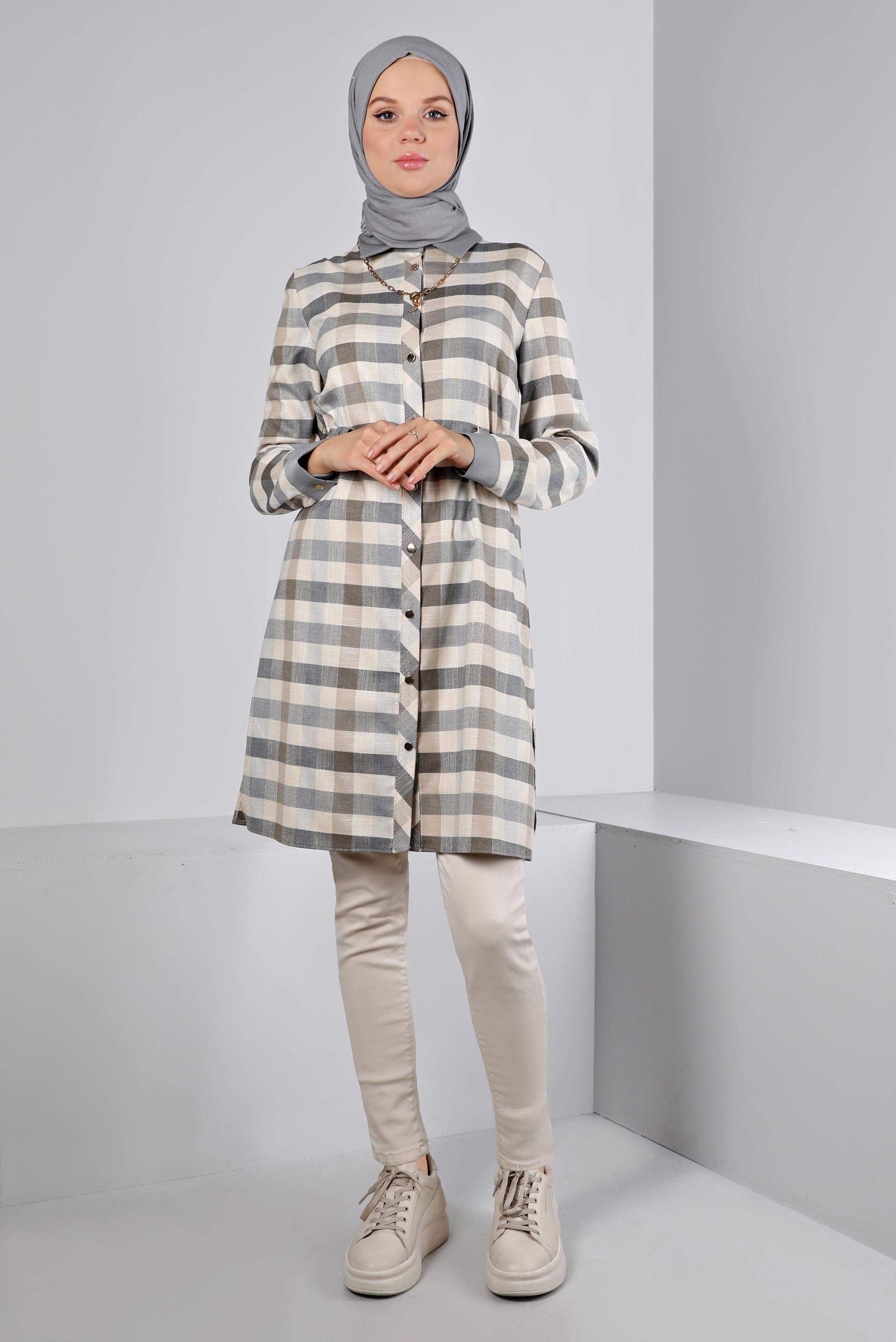 Tesettür giyim LACİVERT BELİ BÜZGÜLÜ KARELİ TUNİK 43421