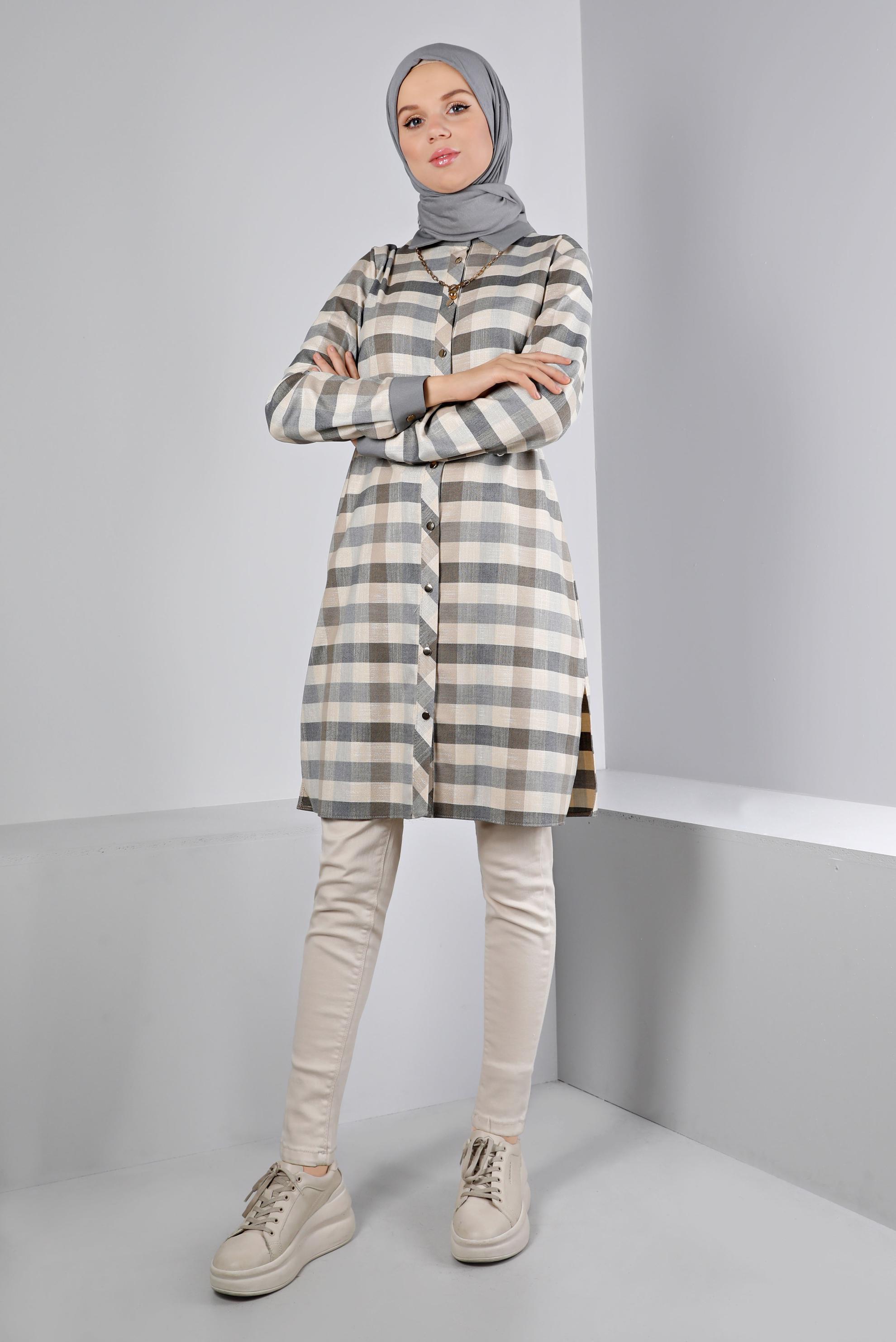 Tesettür giyim LACİVERT BELİ BÜZGÜLÜ KARELİ TUNİK 43421