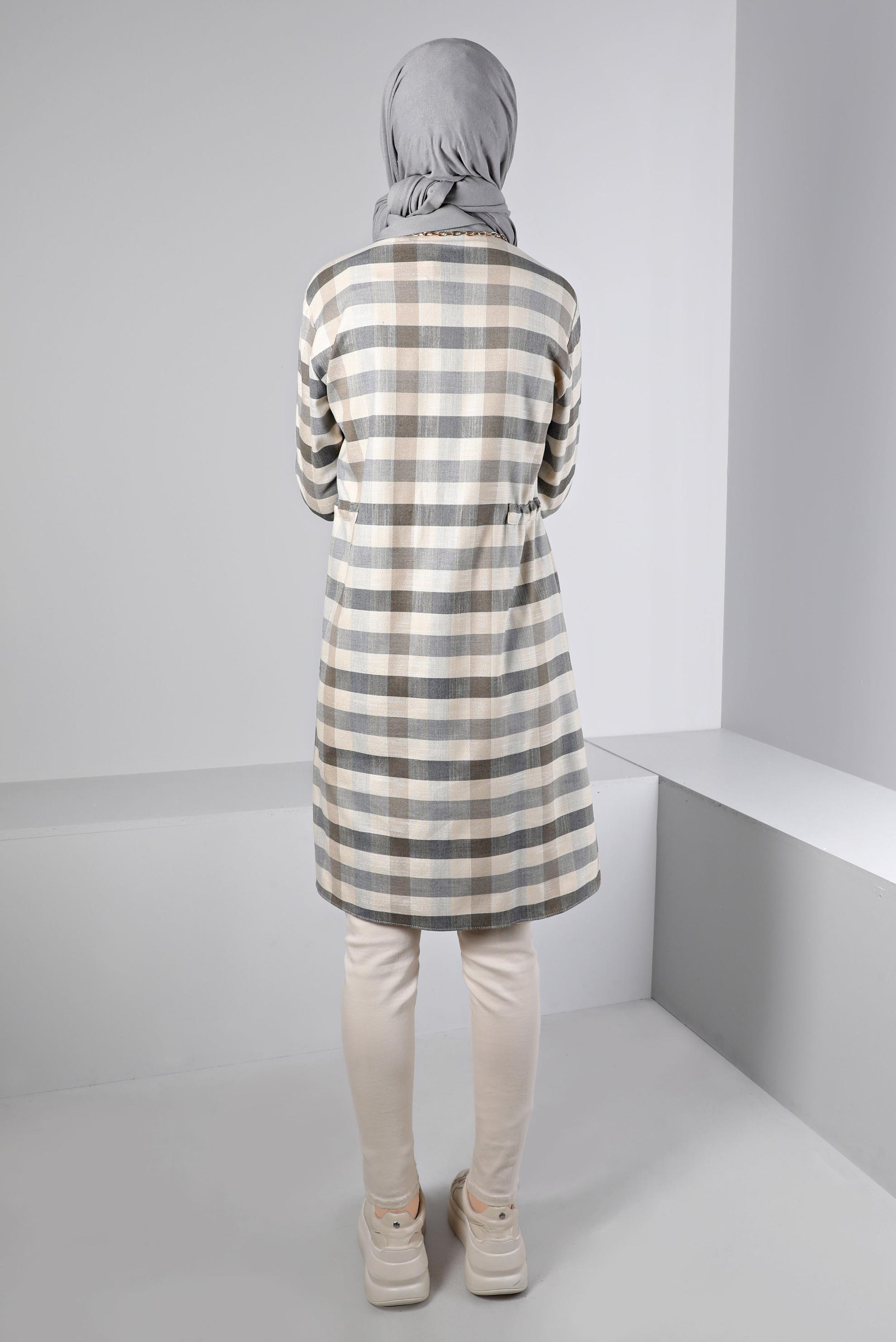 Tesettür giyim LACİVERT BELİ BÜZGÜLÜ KARELİ TUNİK 43421