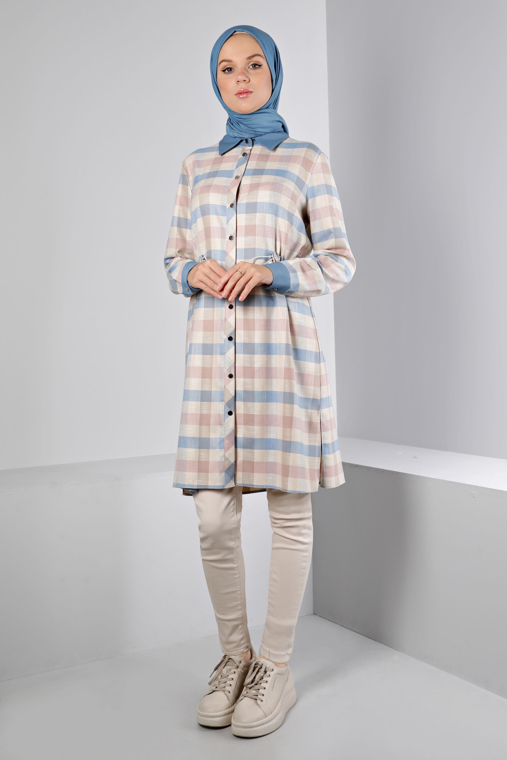 Tesettür giyim PUDRA BELİ BÜZGÜLÜ KARELİ TUNİK 43421