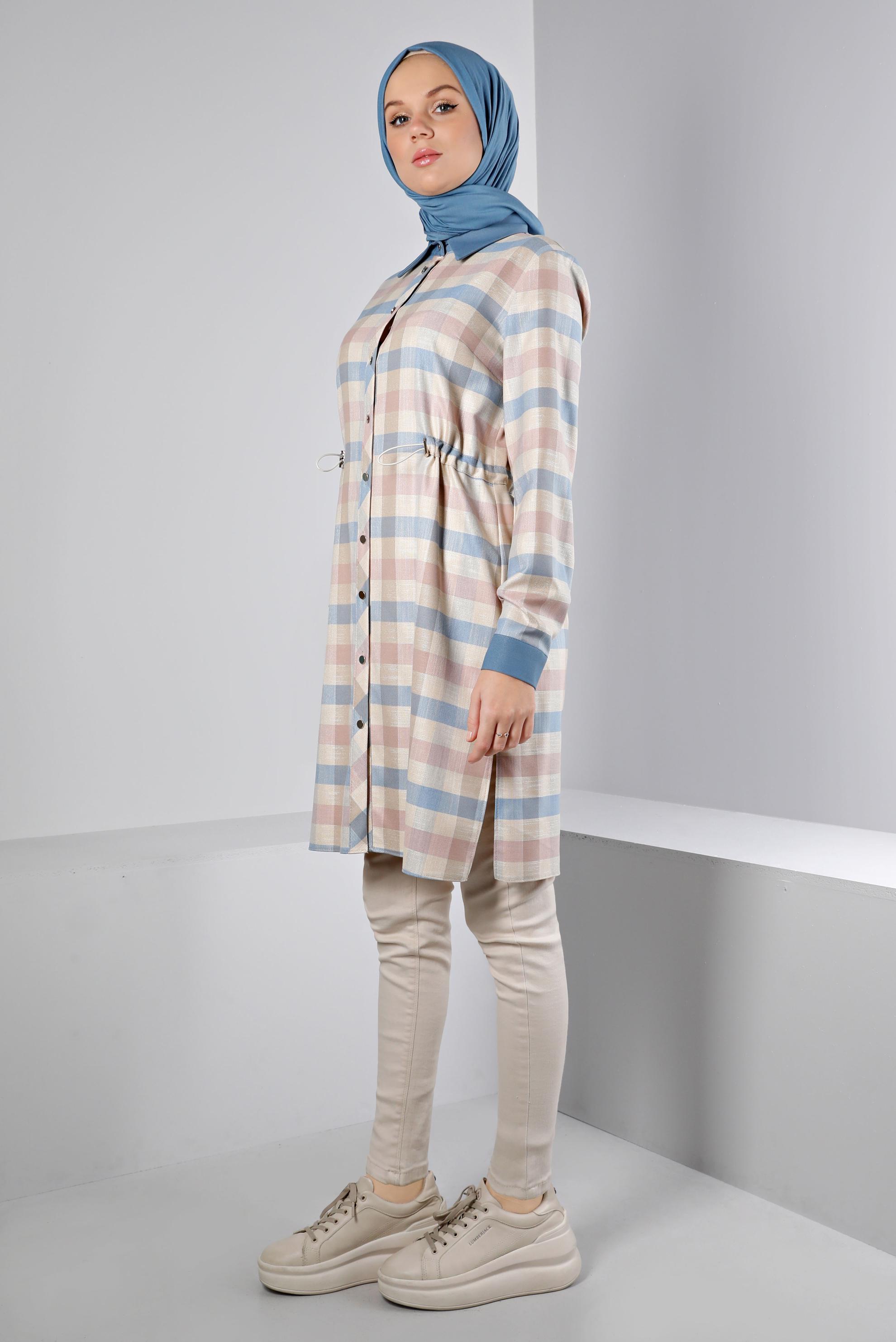 Tesettür giyim PUDRA BELİ BÜZGÜLÜ KARELİ TUNİK 43421