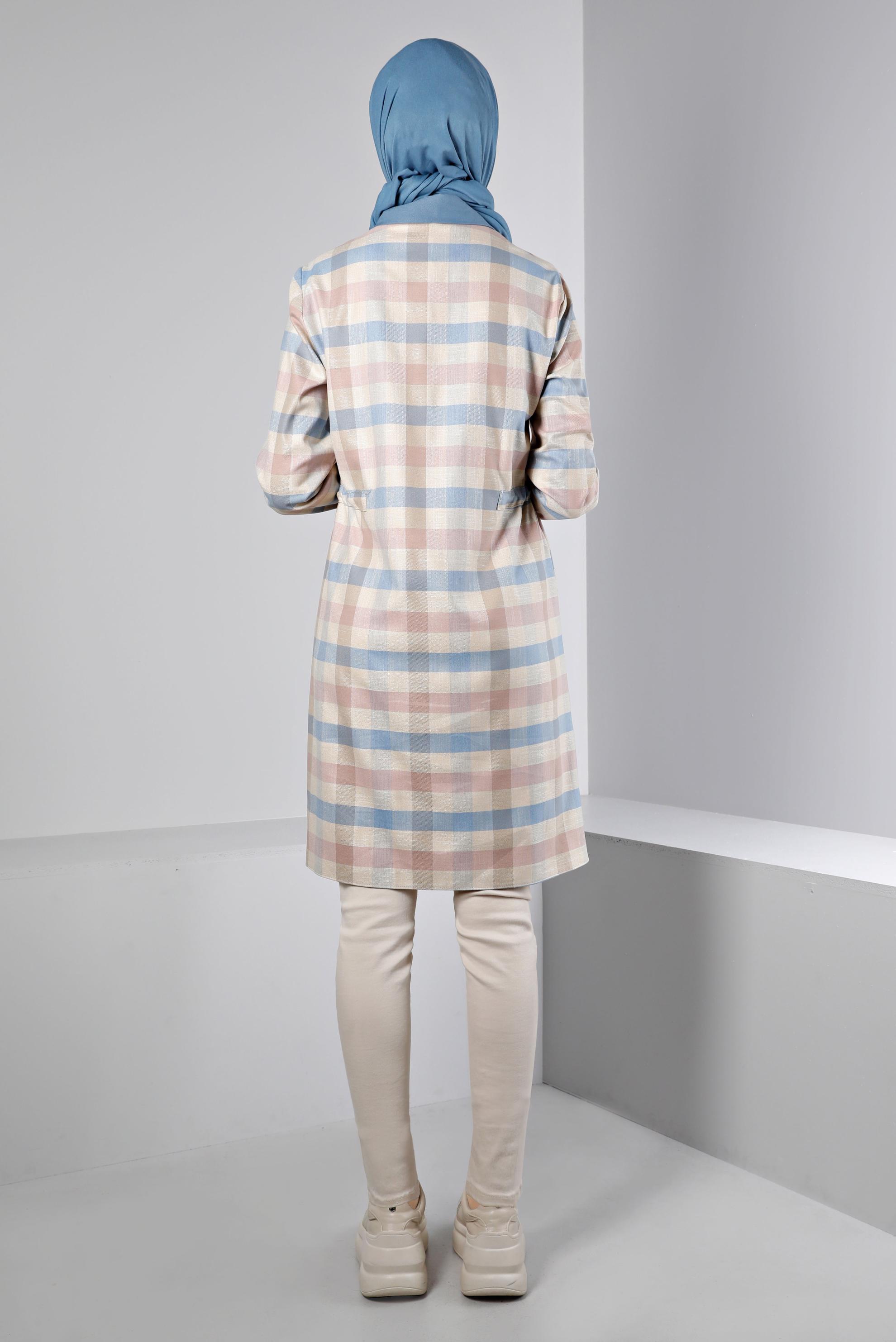 Tesettür giyim PUDRA BELİ BÜZGÜLÜ KARELİ TUNİK 43421