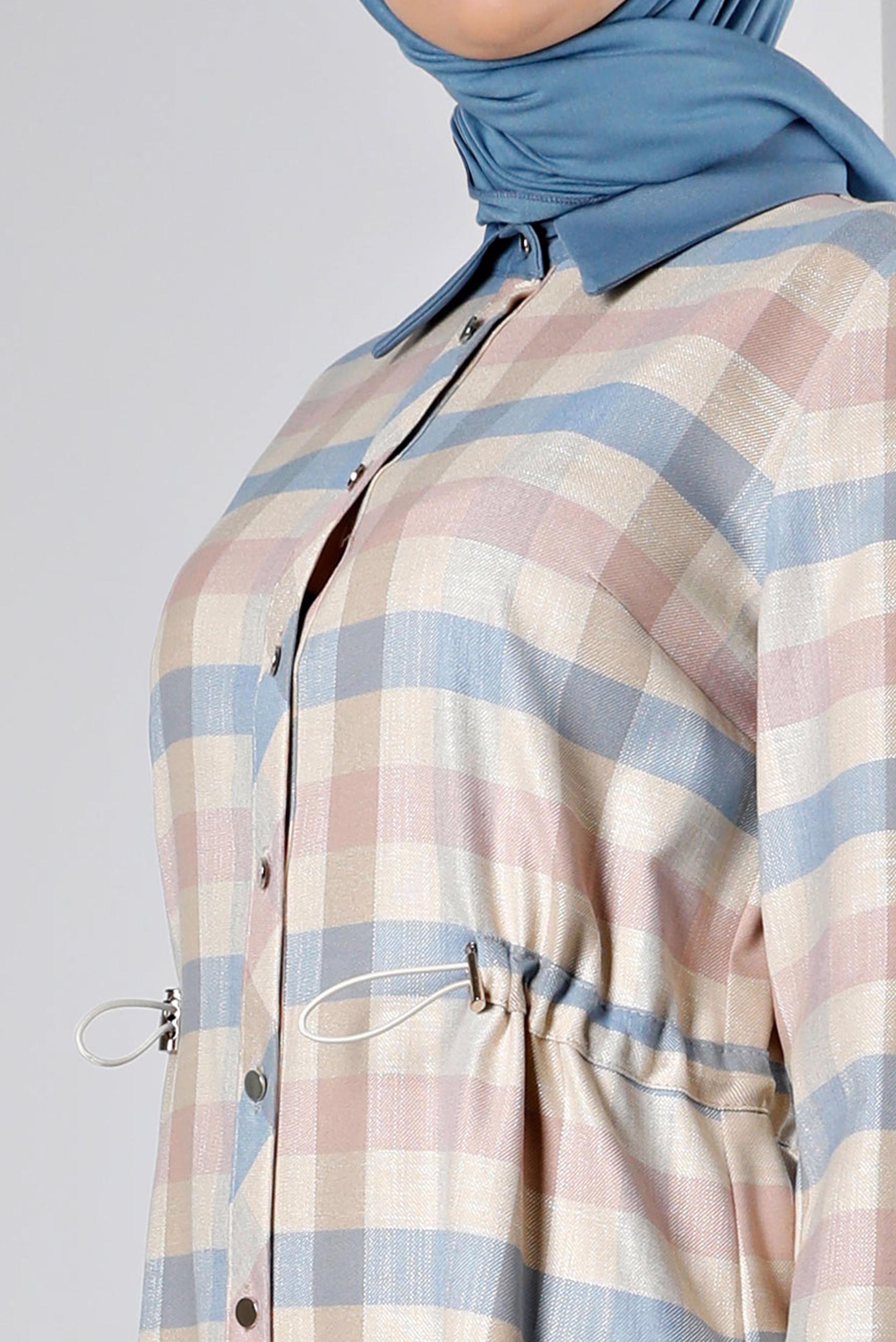 Tesettür giyim PUDRA BELİ BÜZGÜLÜ KARELİ TUNİK 43421