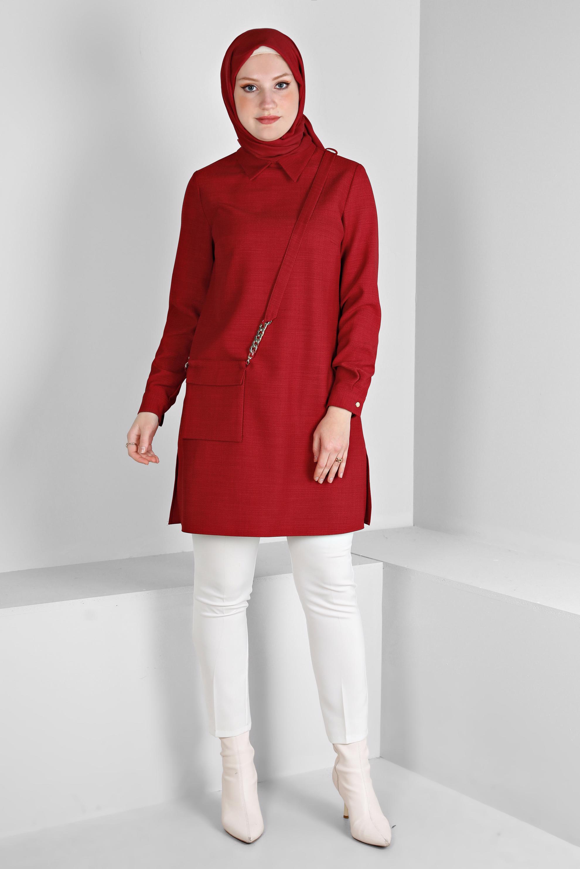 Tesettür giyim KIRMIZI CEP DETAYLI TUNİK 43422