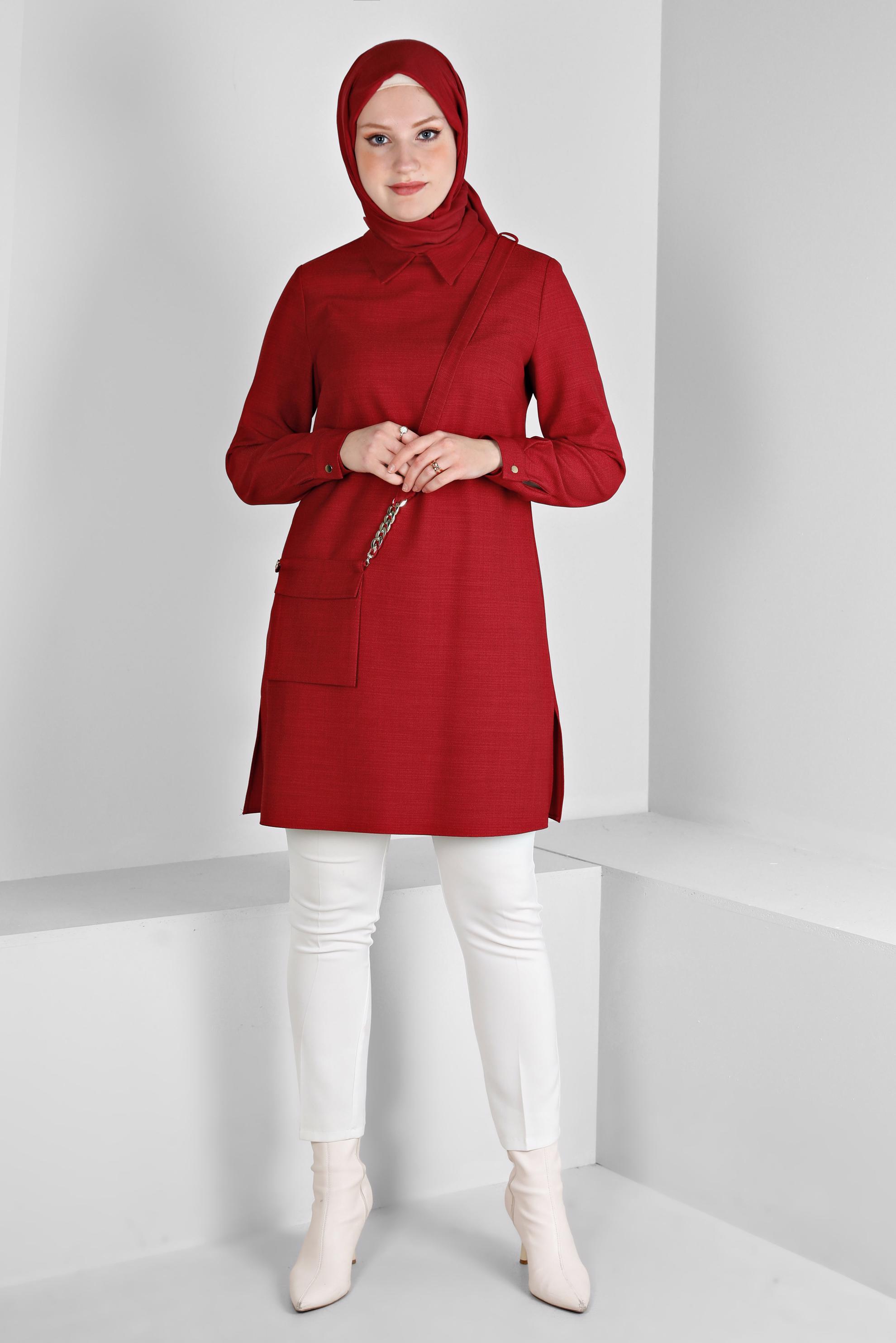 Tesettür giyim KIRMIZI CEP DETAYLI TUNİK 43422