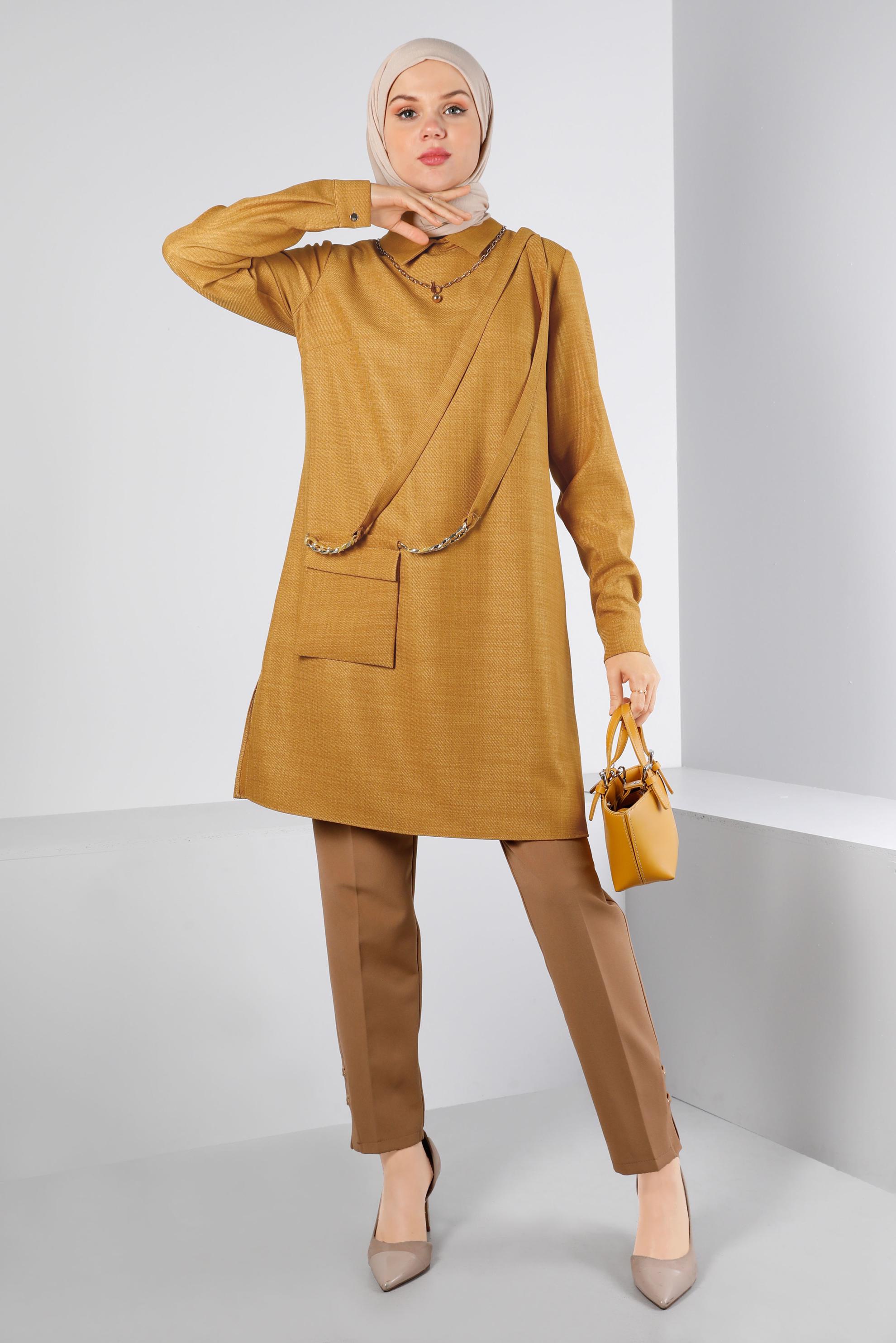 Tesettür giyim SARI CEP DETAYLI TUNİK 43422