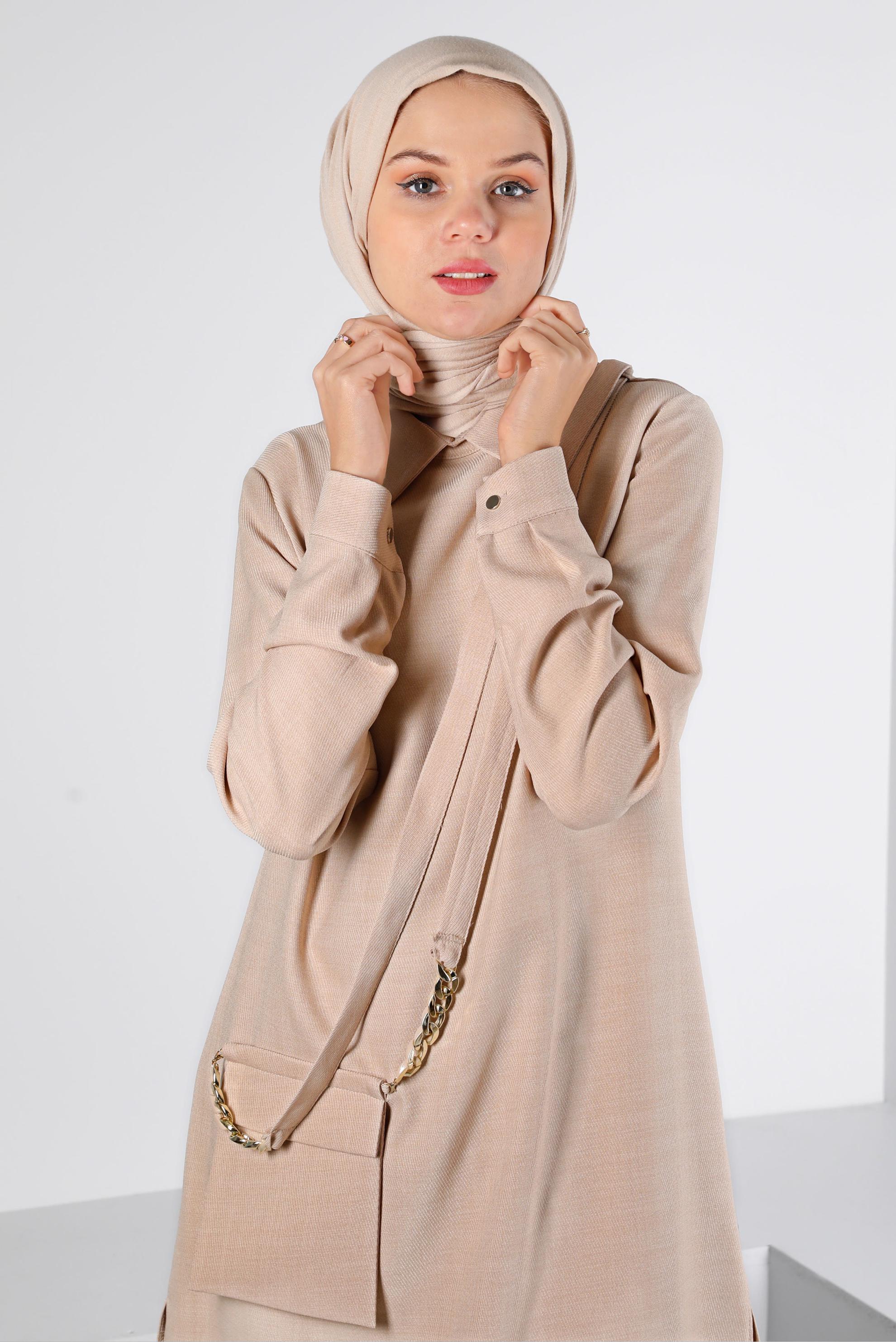 Tesettür giyim BEJ CEP DETAYLI TUNİK 43422