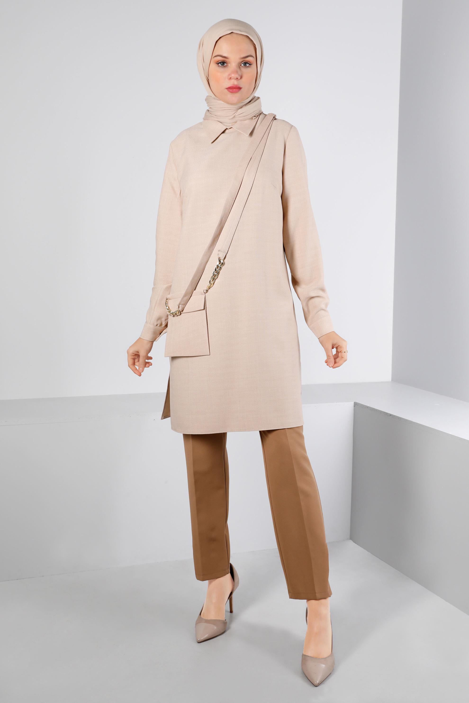 Tesettür giyim BEJ CEP DETAYLI TUNİK 43422