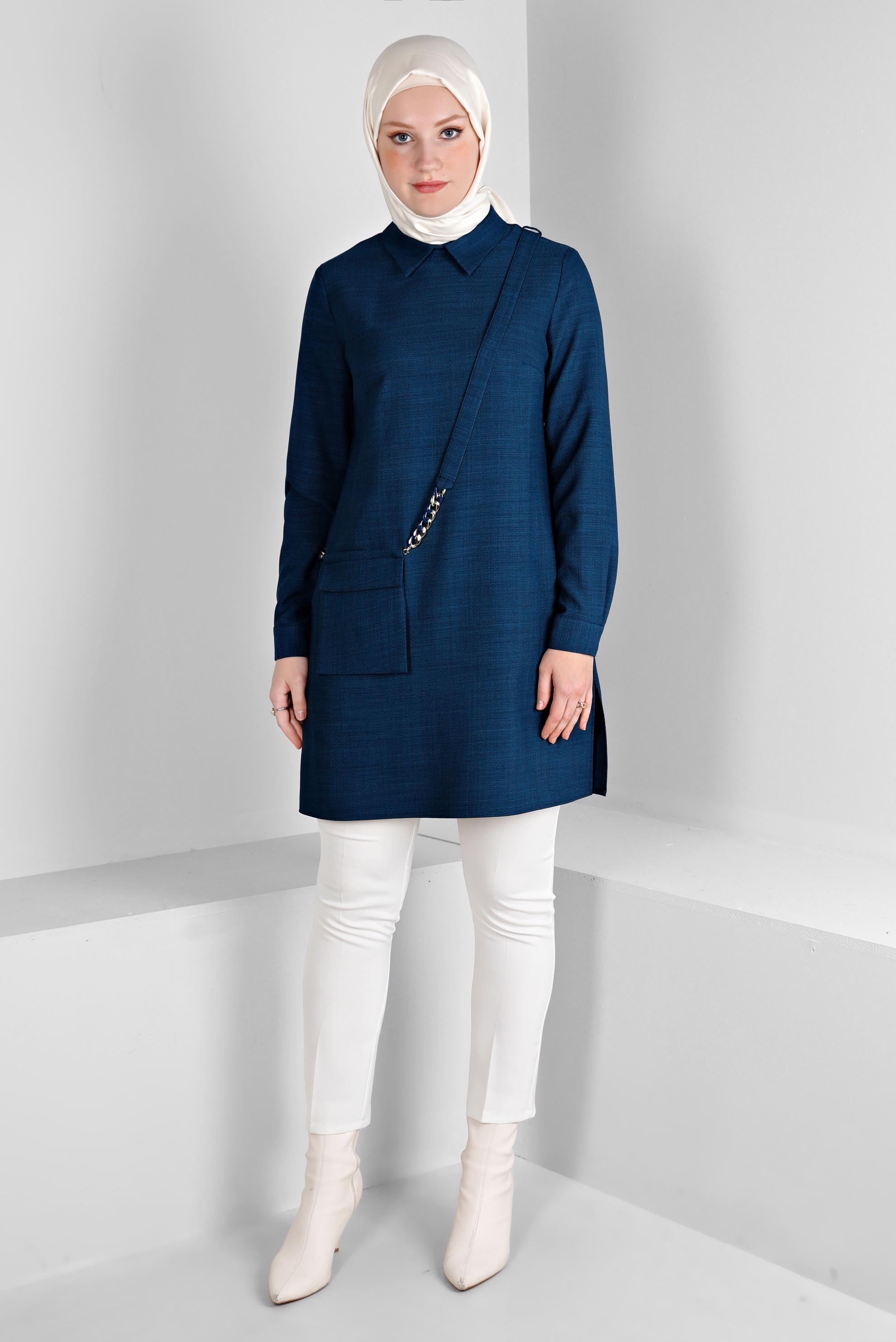 Tesettür giyim MAVİ CEP DETAYLI TUNİK 43422