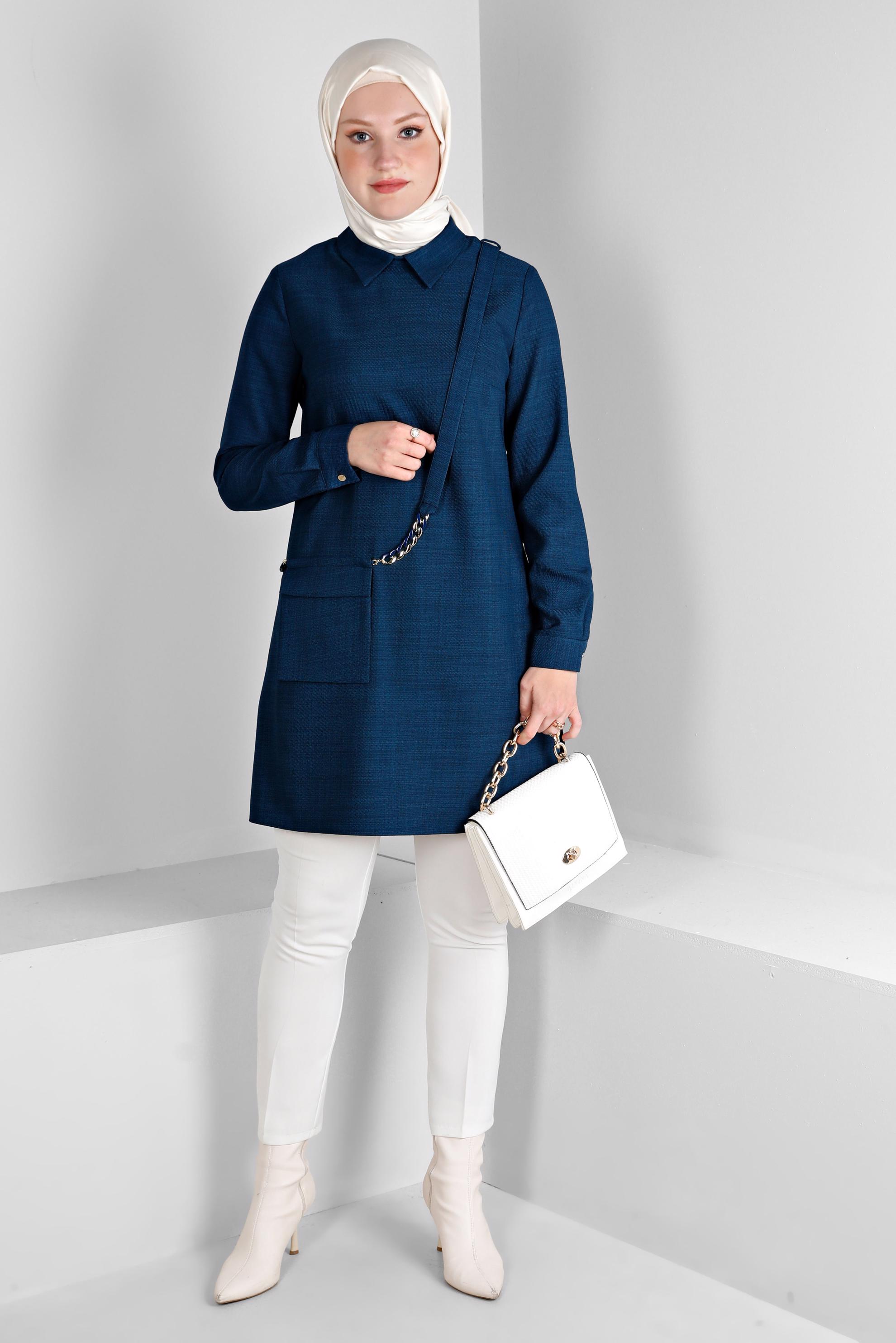 Tesettür giyim MAVİ CEP DETAYLI TUNİK 43422