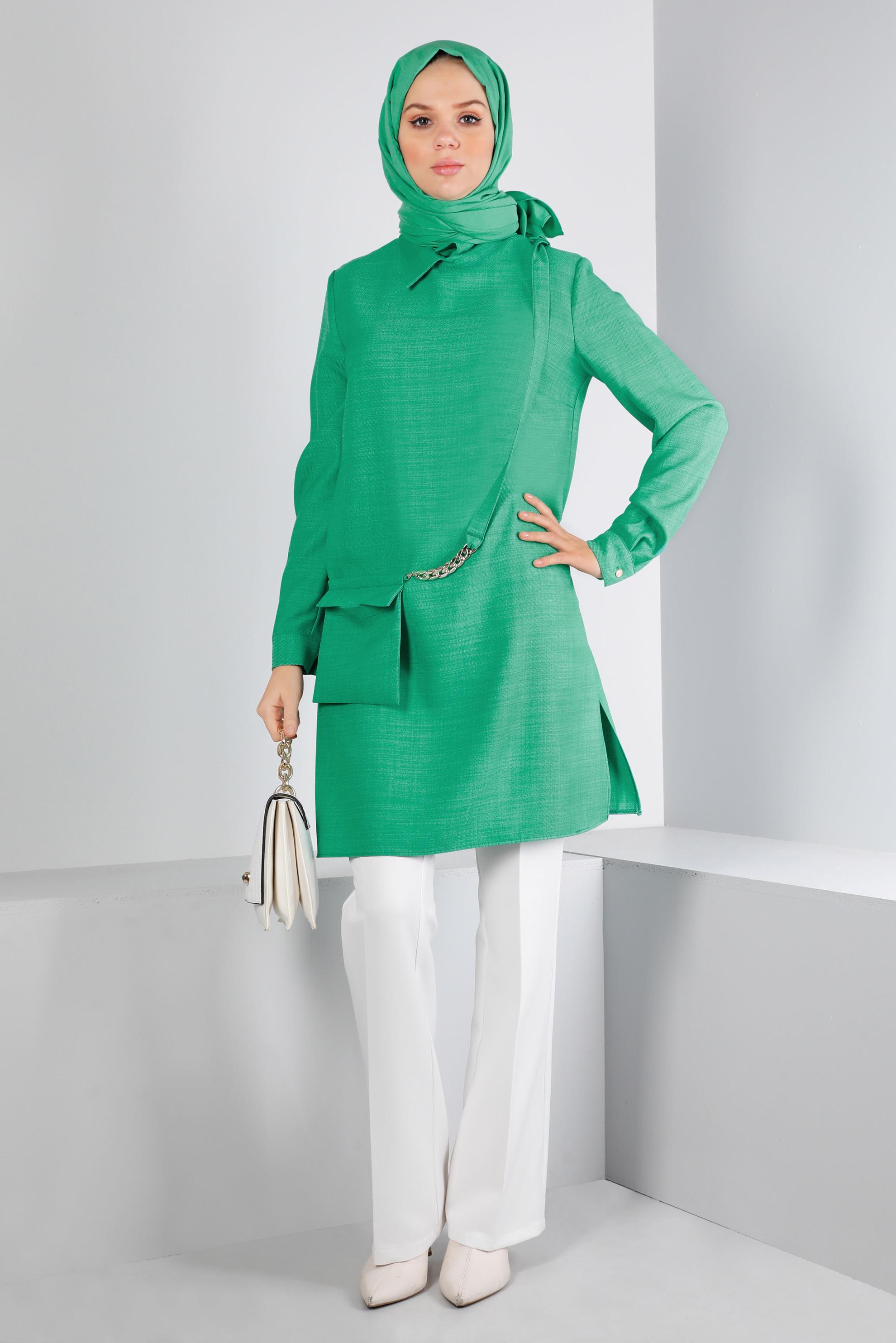 Tesettür giyim YEŞİL CEP DETAYLI TUNİK 43422
