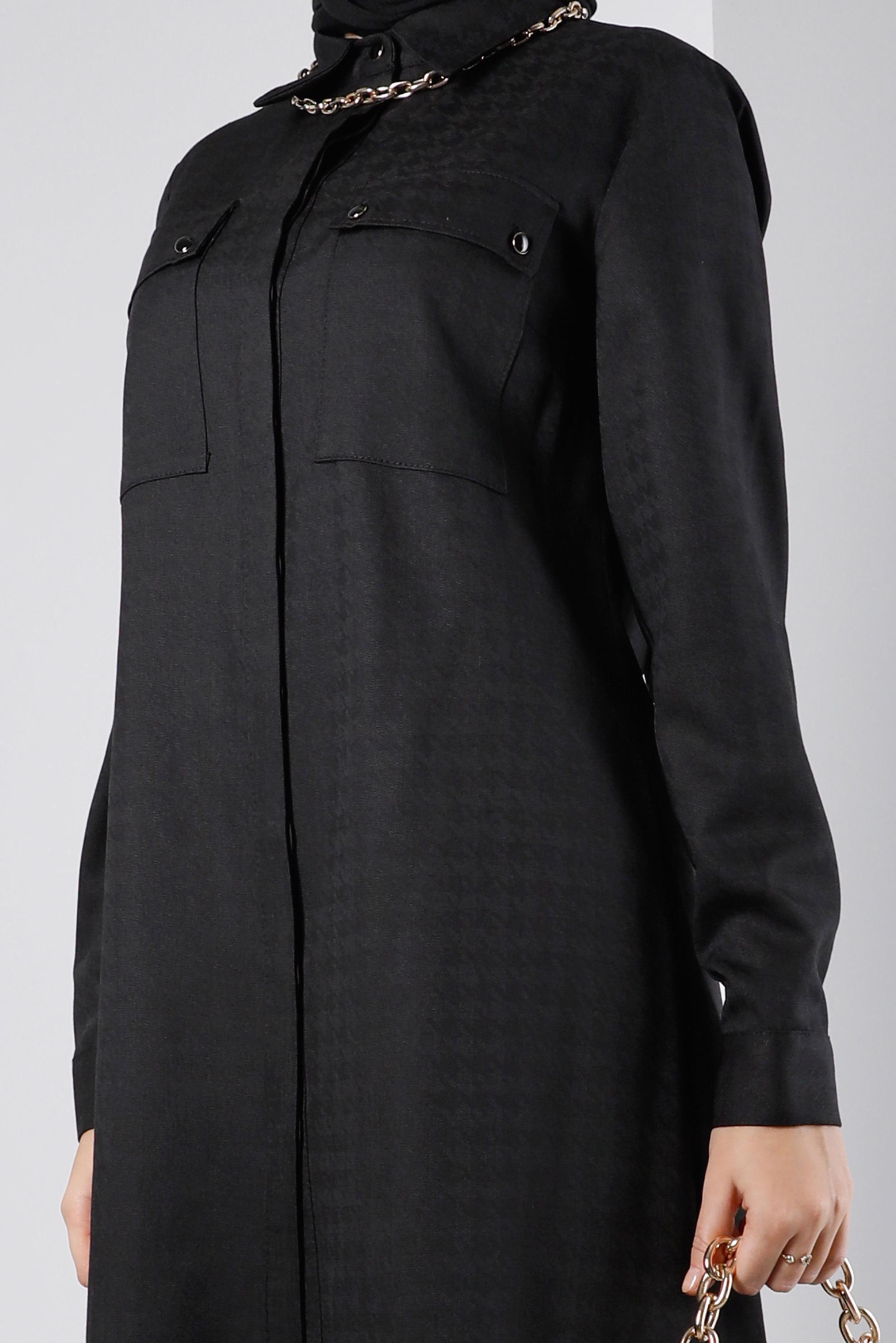 Tesettür giyim SİYAH KAZAYAĞI DOKULU CEPLİ TUNİK 43423 