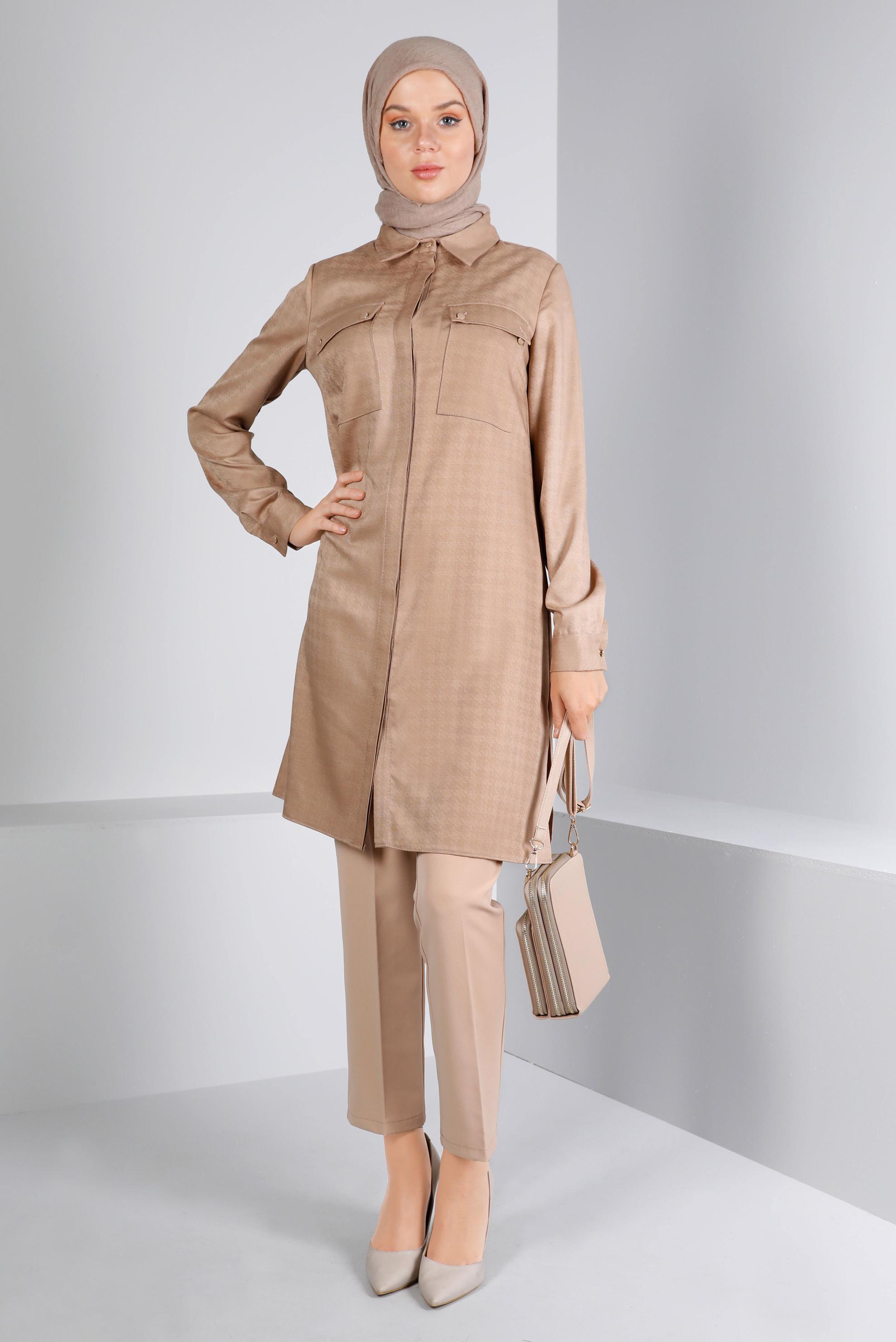 Tesettür giyim KAHVE KAZAYAĞI DOKULU CEPLİ TUNİK 43423 
