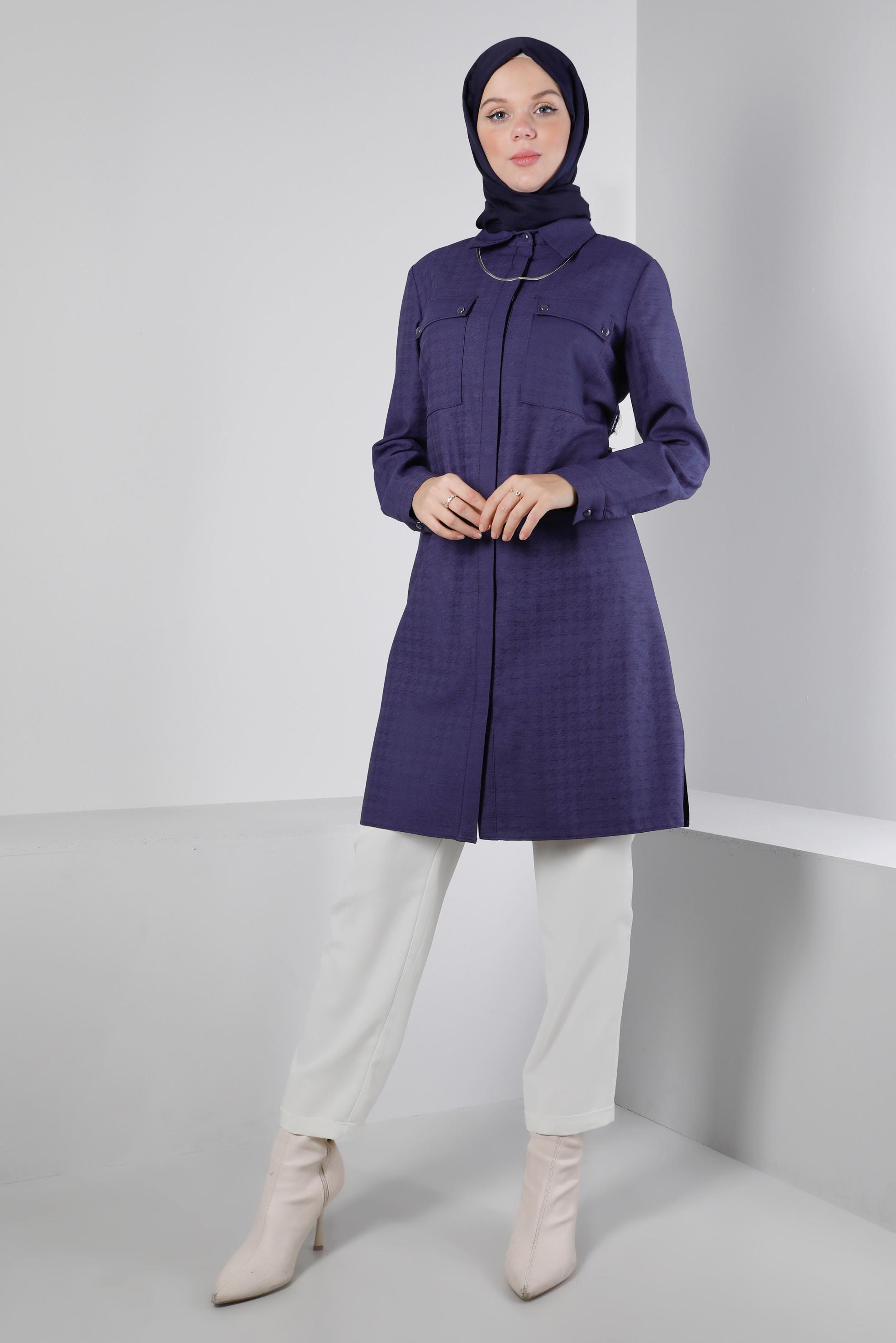 Tesettür giyim LACİVERT KAZAYAĞI DOKULU CEPLİ TUNİK 43423 