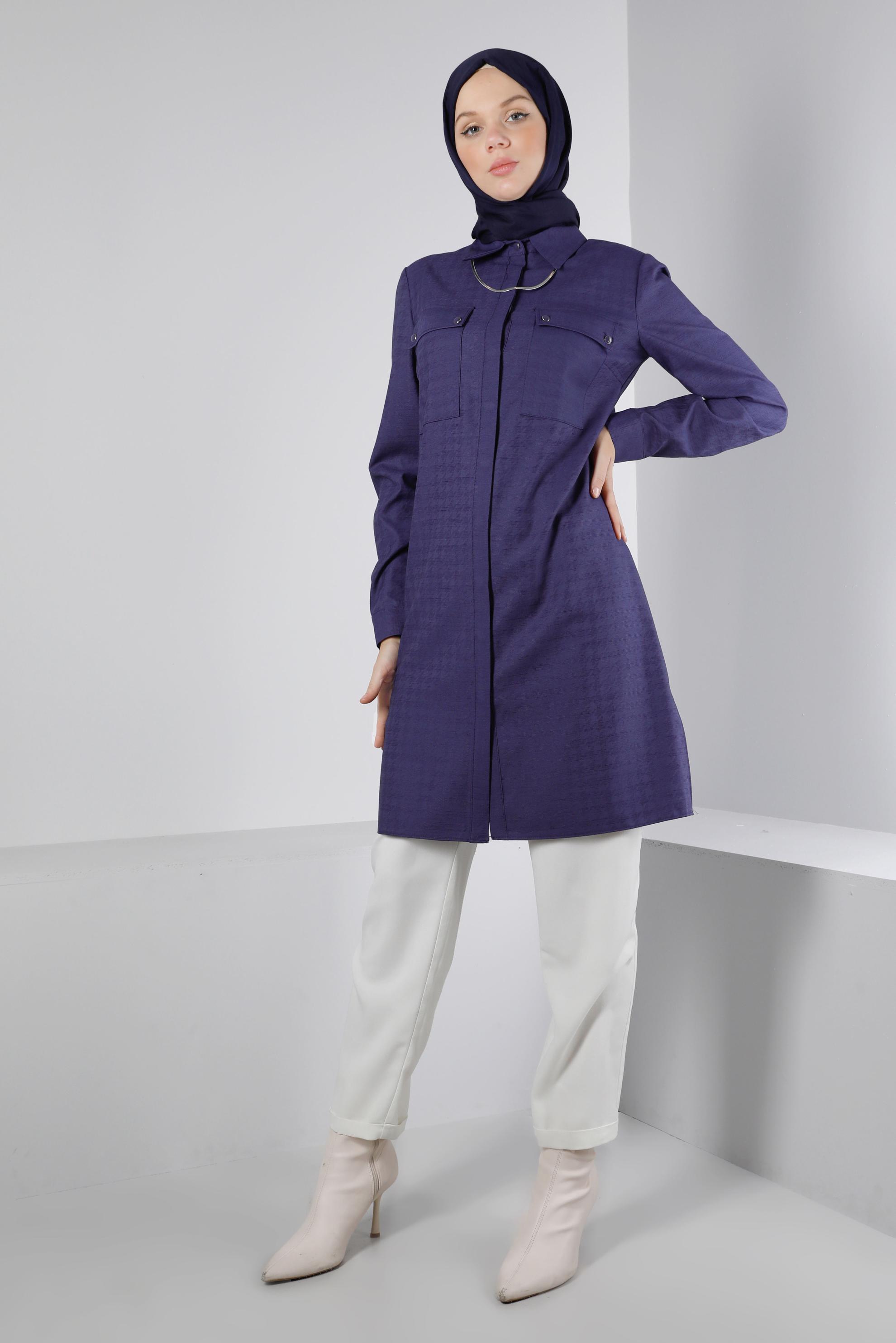 Tesettür giyim LACİVERT KAZAYAĞI DOKULU CEPLİ TUNİK 43423 