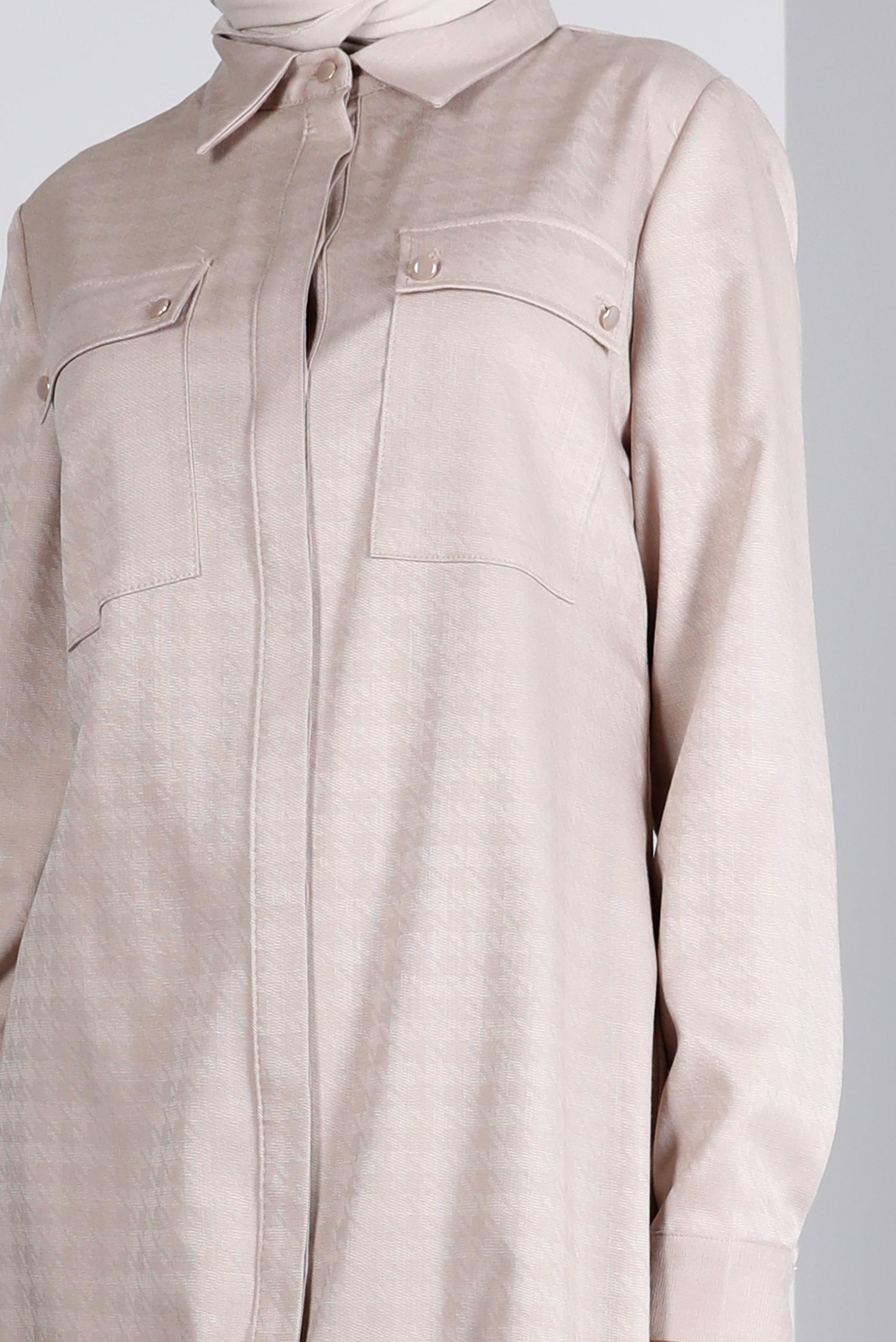 Tesettür giyim BEJ KAZAYAĞI DOKULU CEPLİ TUNİK 43423 