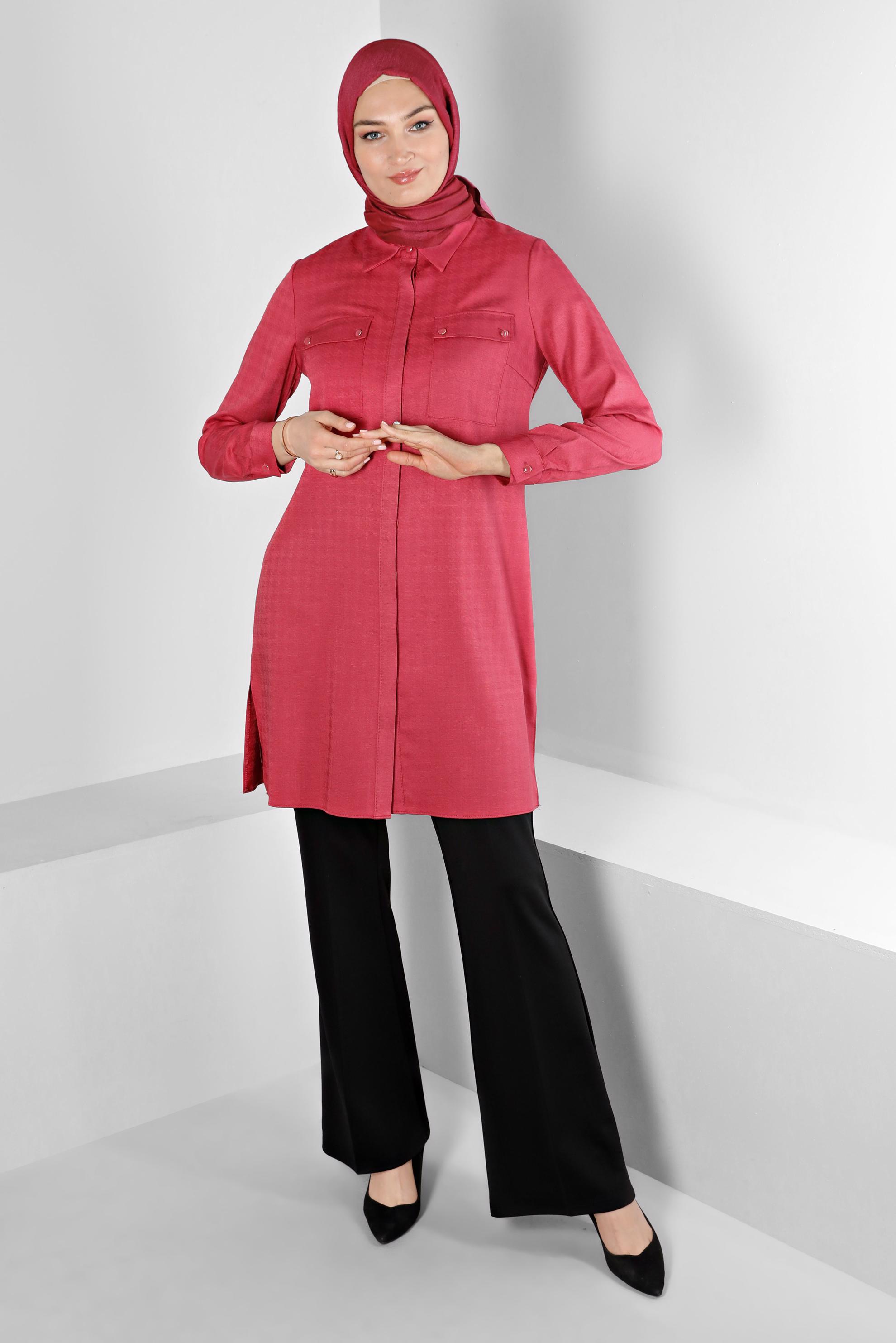 Tesettür giyim FUŞYA KAZAYAĞI DOKULU CEPLİ TUNİK 43423 
