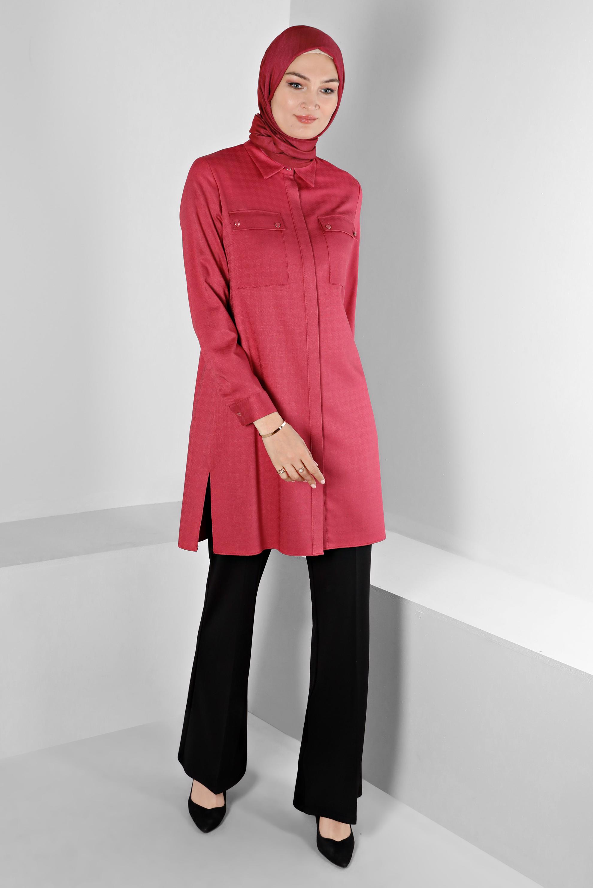 Tesettür giyim FUŞYA KAZAYAĞI DOKULU CEPLİ TUNİK 43423 