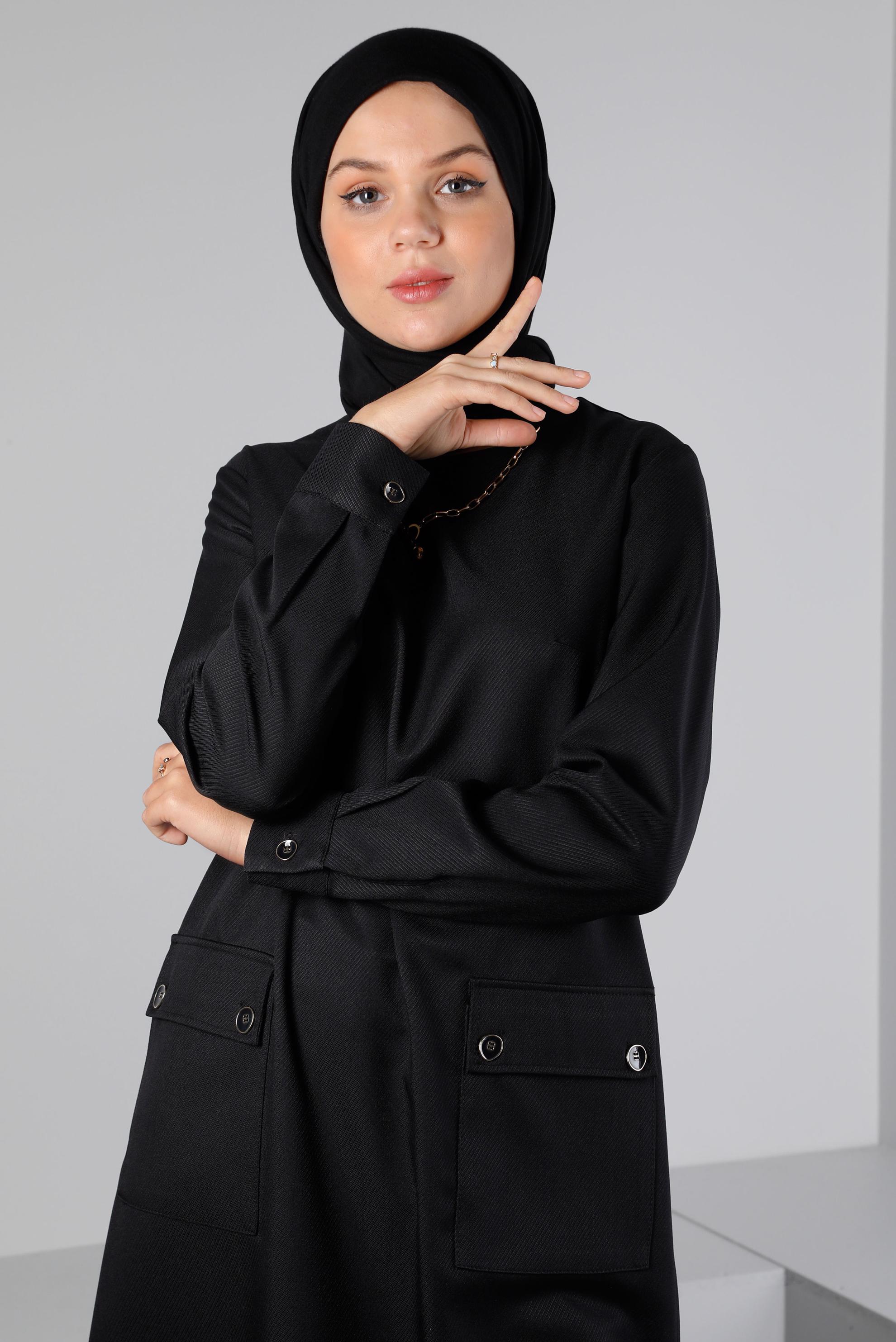 Tesettür giyim SİYAH CEPLİ YANLARI YIRTMAÇLI TUNİK 43424