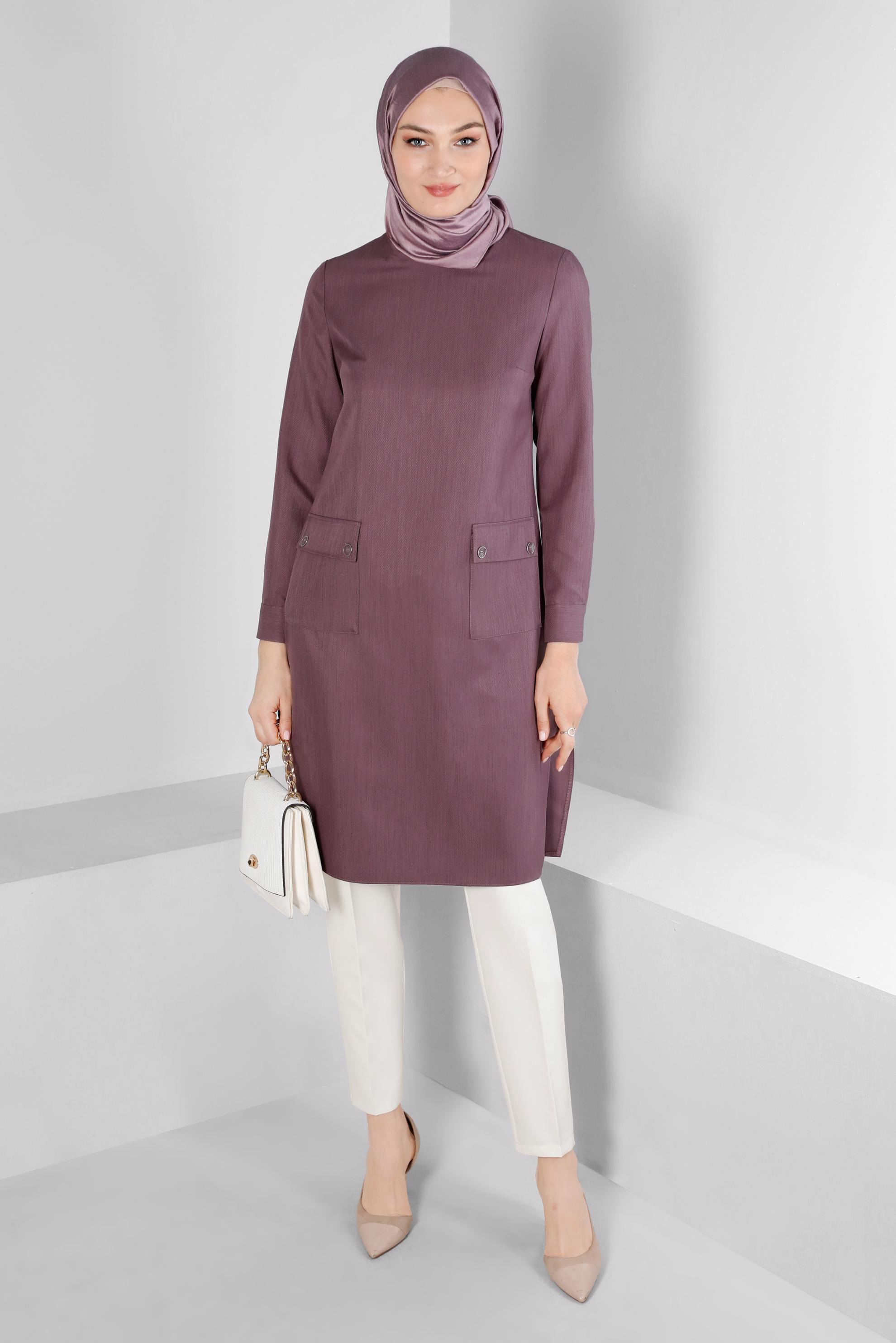 Tesettür giyim MOR CEPLİ YANLARI YIRTMAÇLI TUNİK 43424