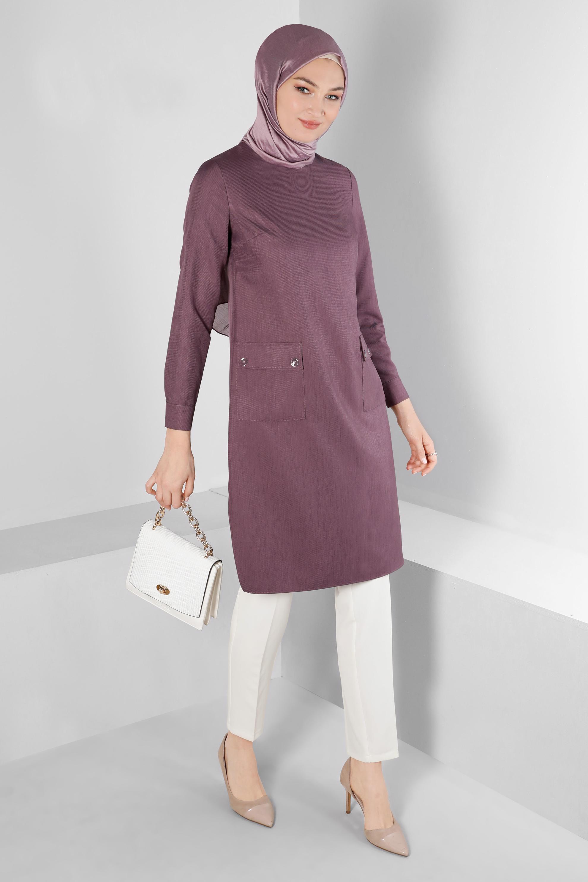 Tesettür giyim MOR CEPLİ YANLARI YIRTMAÇLI TUNİK 43424