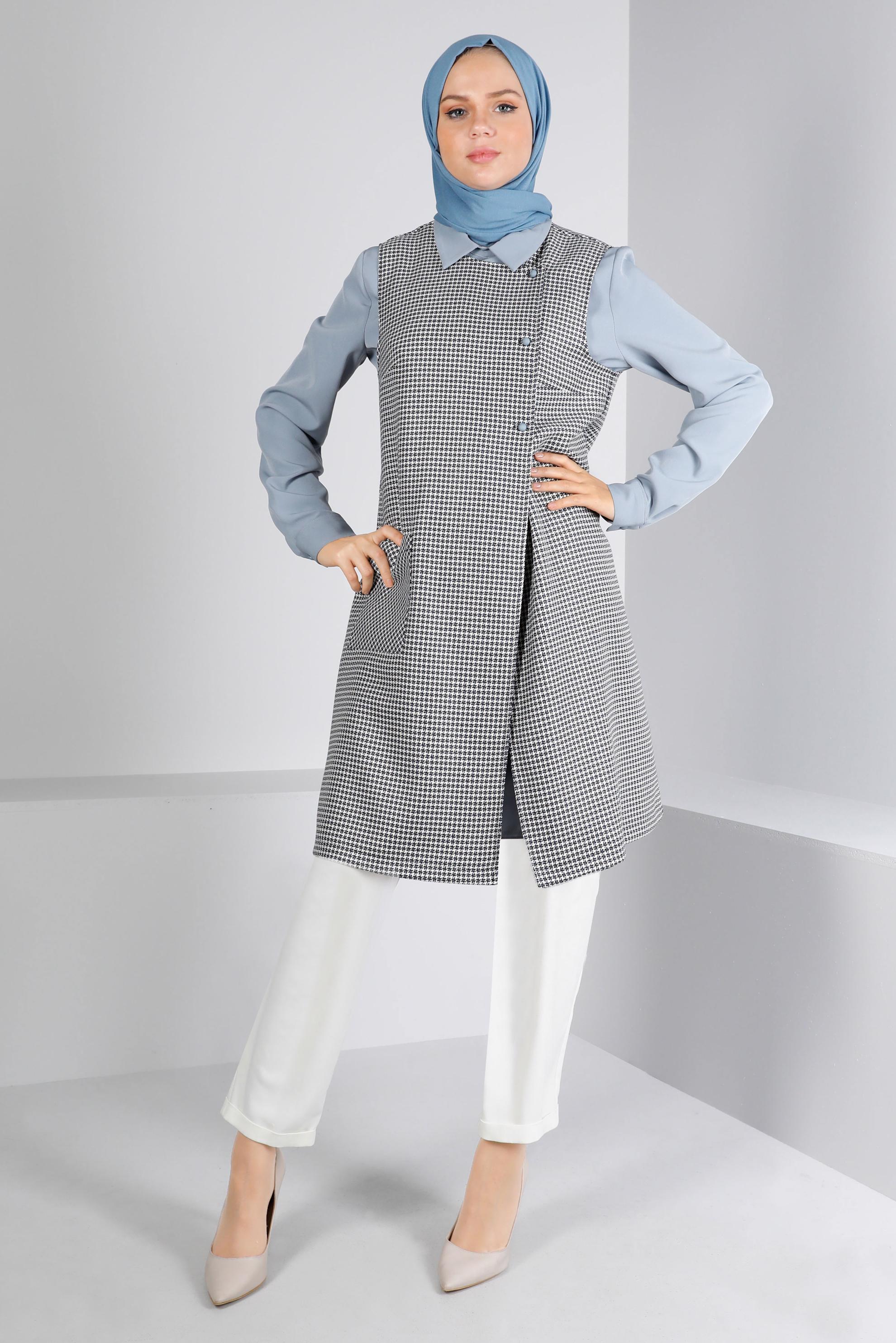 Tesettür giyim MAVİ KAZAYAĞI DESENLİ İKİLİ TUNİK 43425 