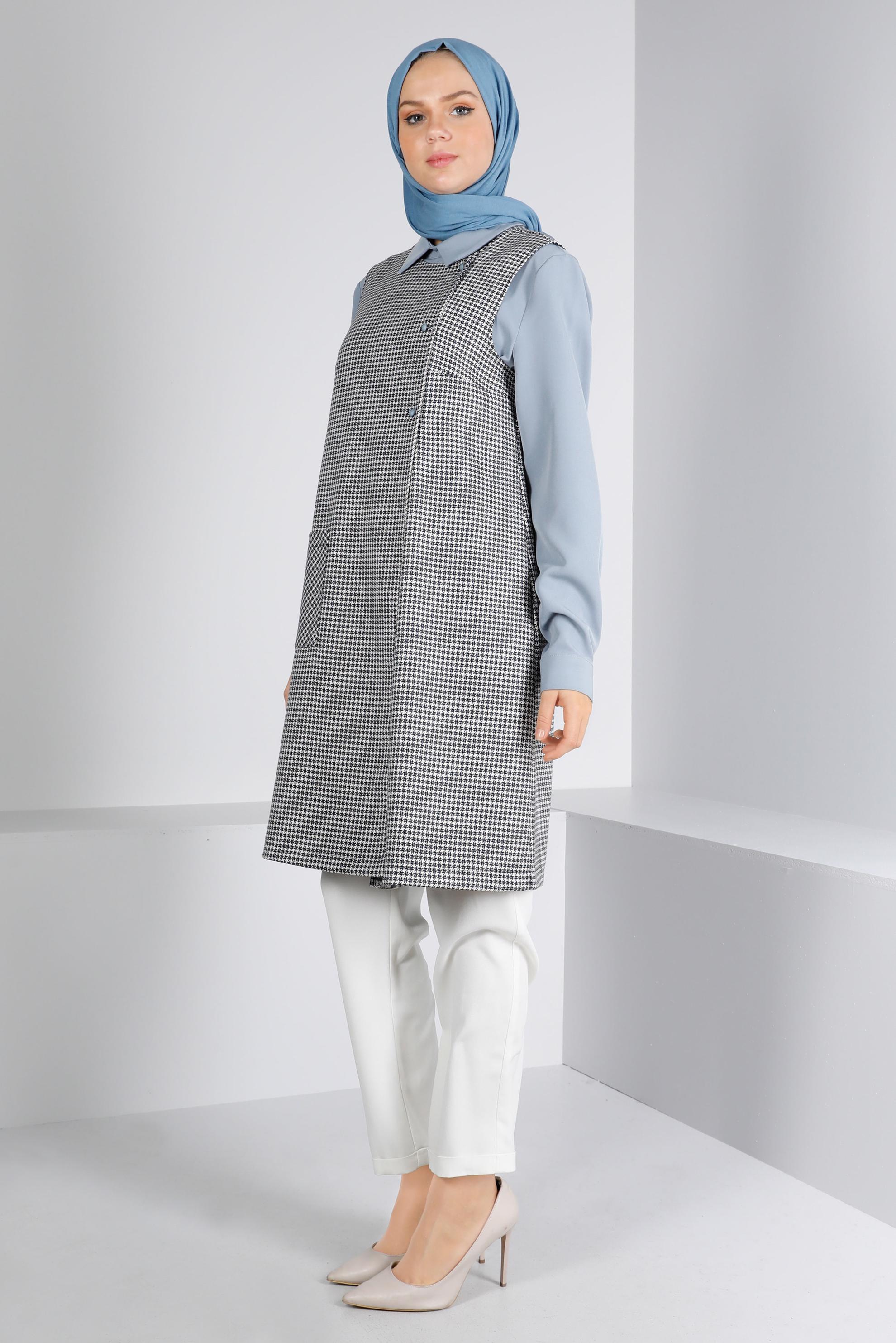 Tesettür giyim MAVİ KAZAYAĞI DESENLİ İKİLİ TUNİK 43425 