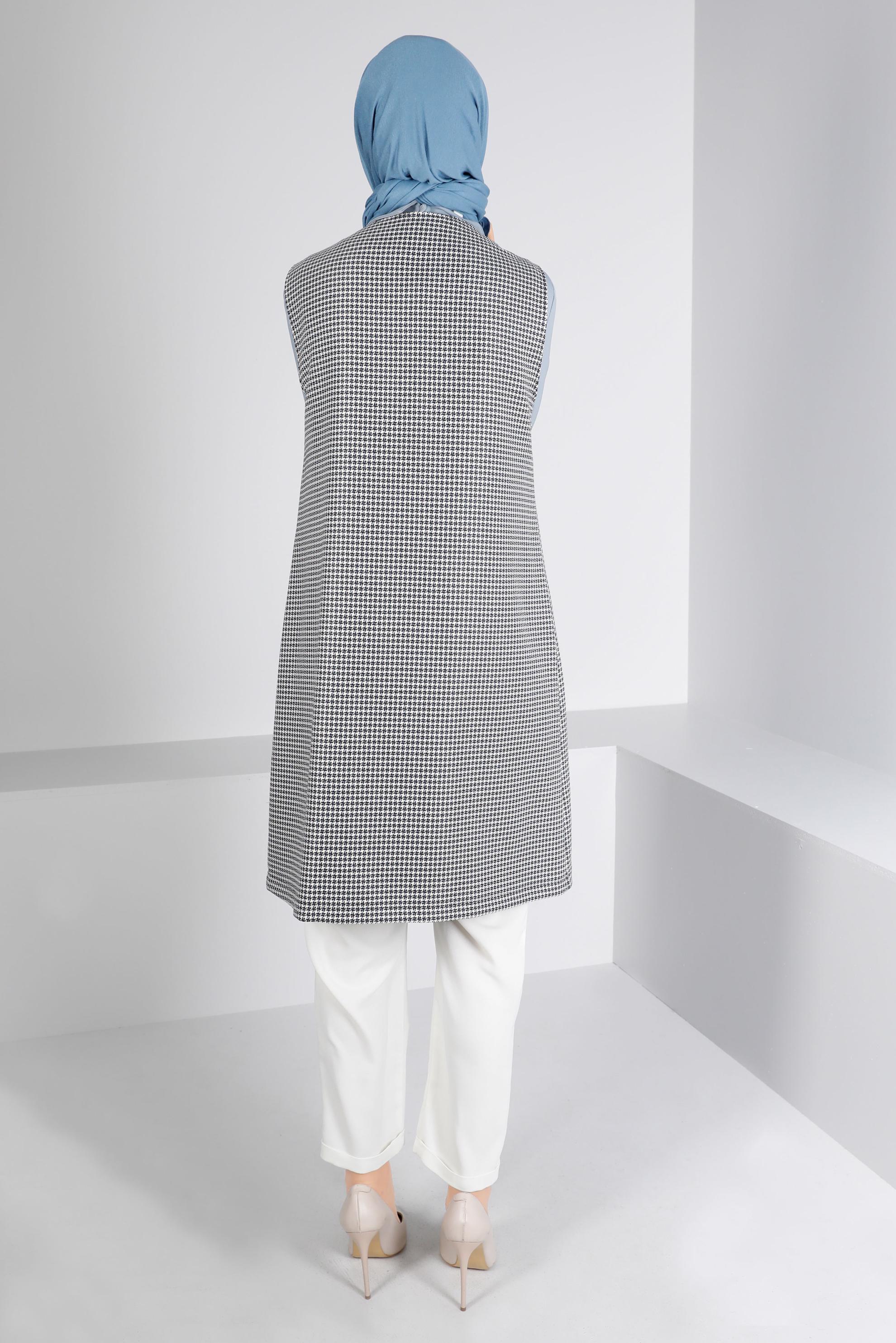 Tesettür giyim MAVİ KAZAYAĞI DESENLİ İKİLİ TUNİK 43425 