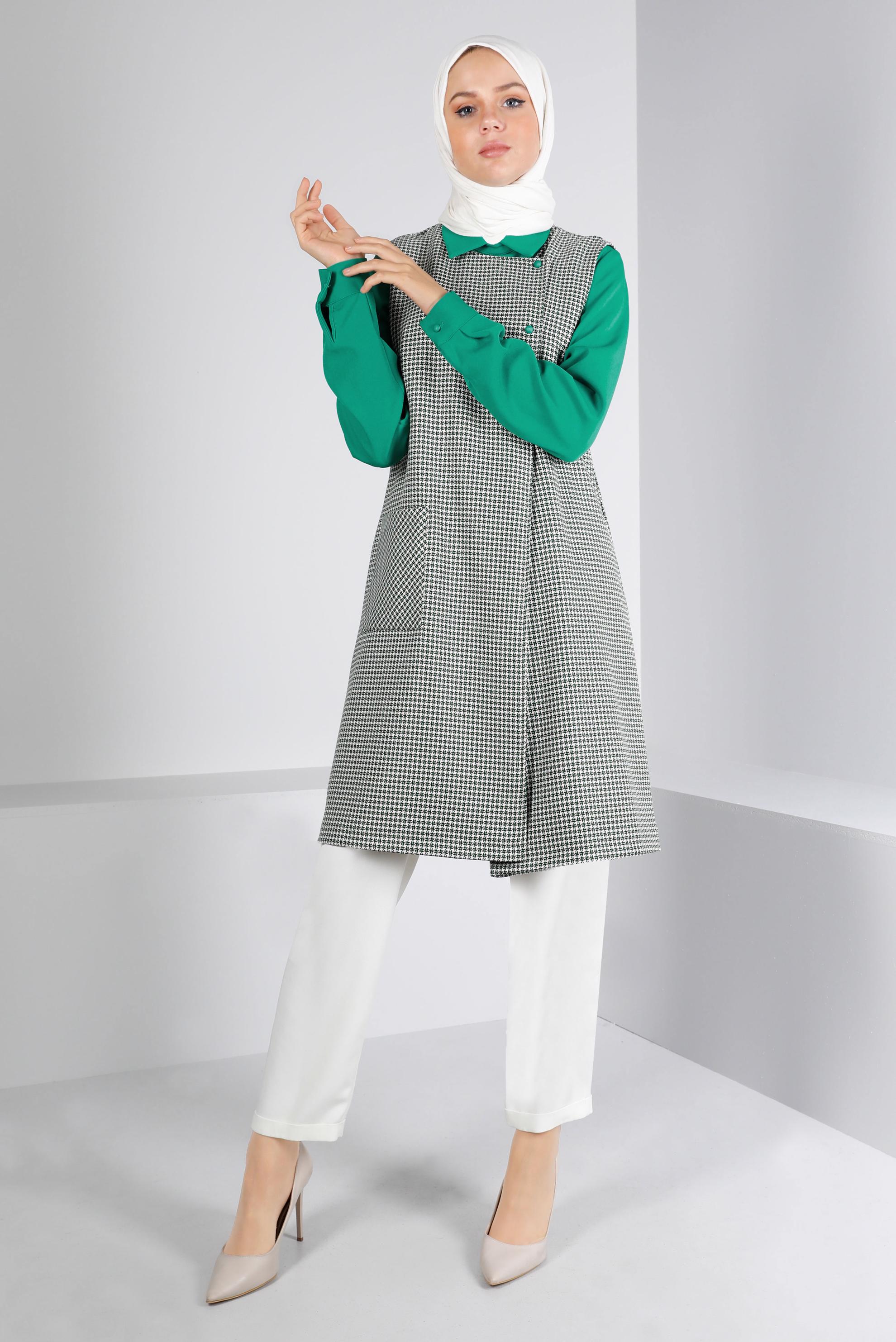 Tesettür giyim YEŞİL KAZAYAĞI DESENLİ İKİLİ TUNİK 43425 