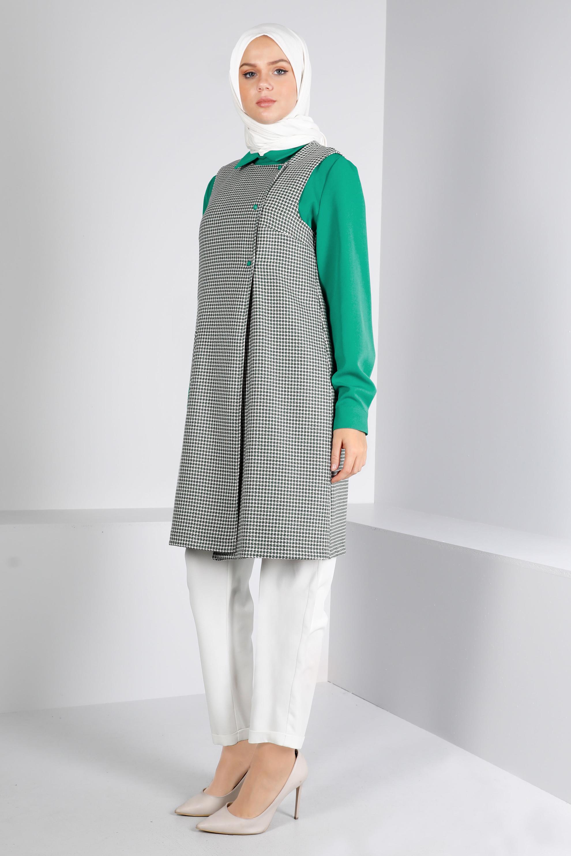 Tesettür giyim YEŞİL KAZAYAĞI DESENLİ İKİLİ TUNİK 43425 