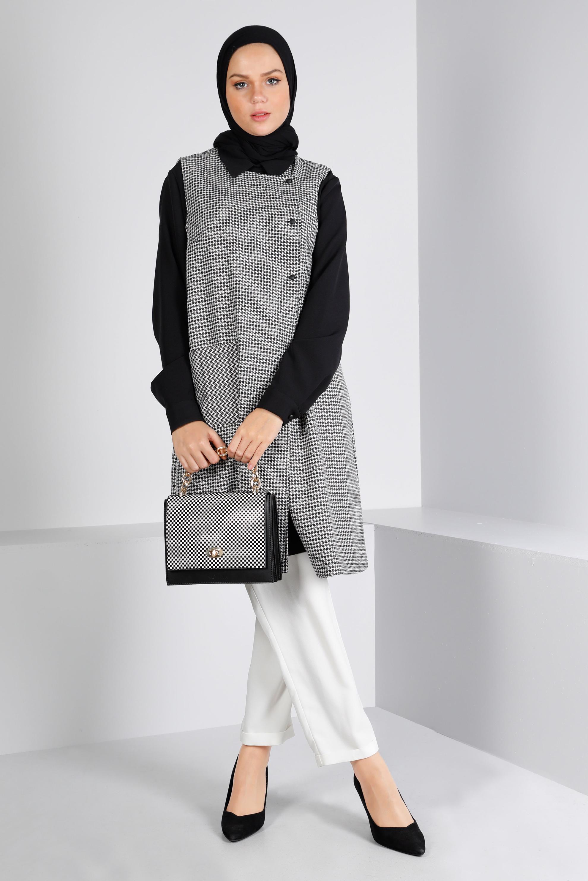 Tesettür giyim GRİ KAZAYAĞI DESENLİ İKİLİ TUNİK 43425 