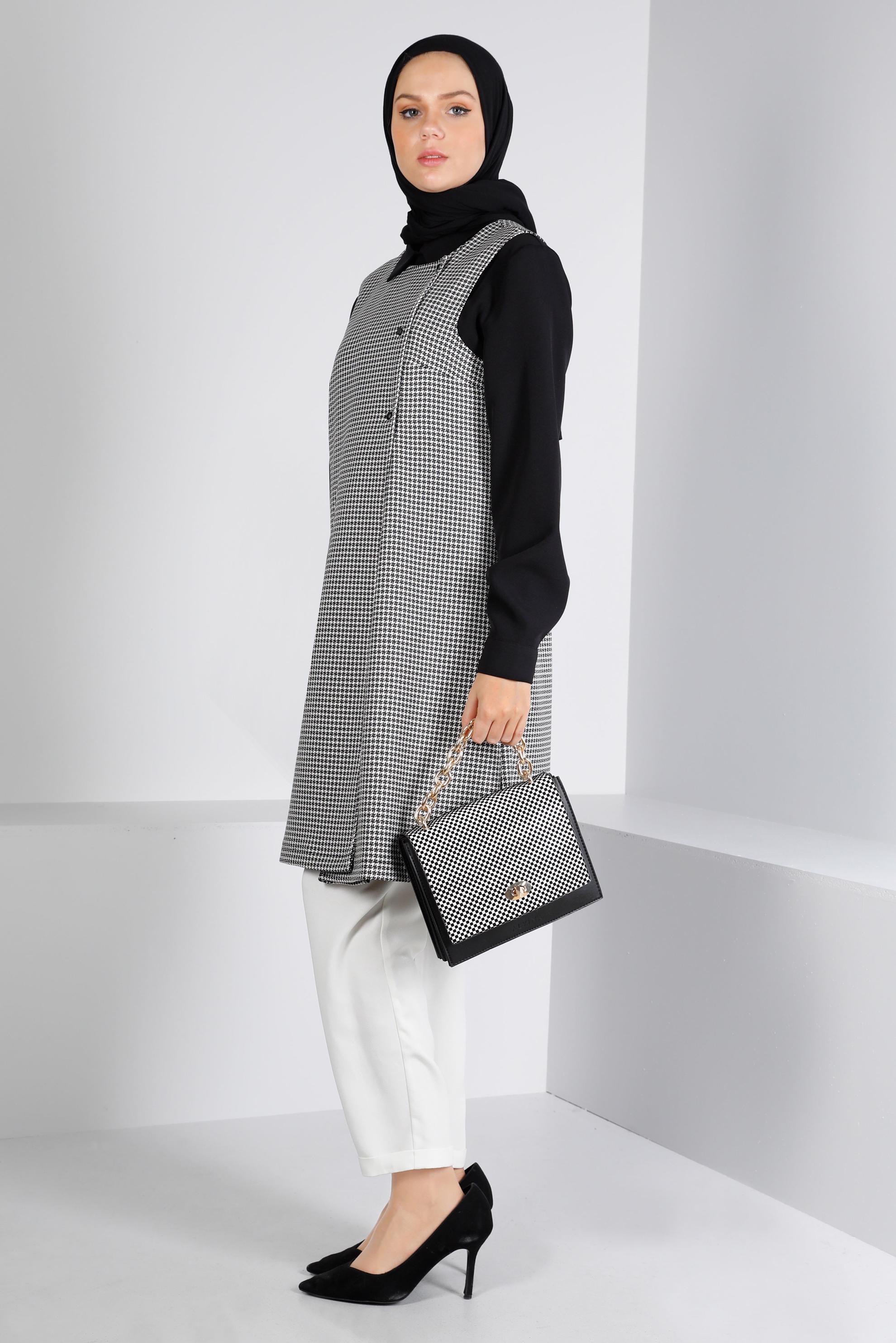 Tesettür giyim GRİ KAZAYAĞI DESENLİ İKİLİ TUNİK 43425 