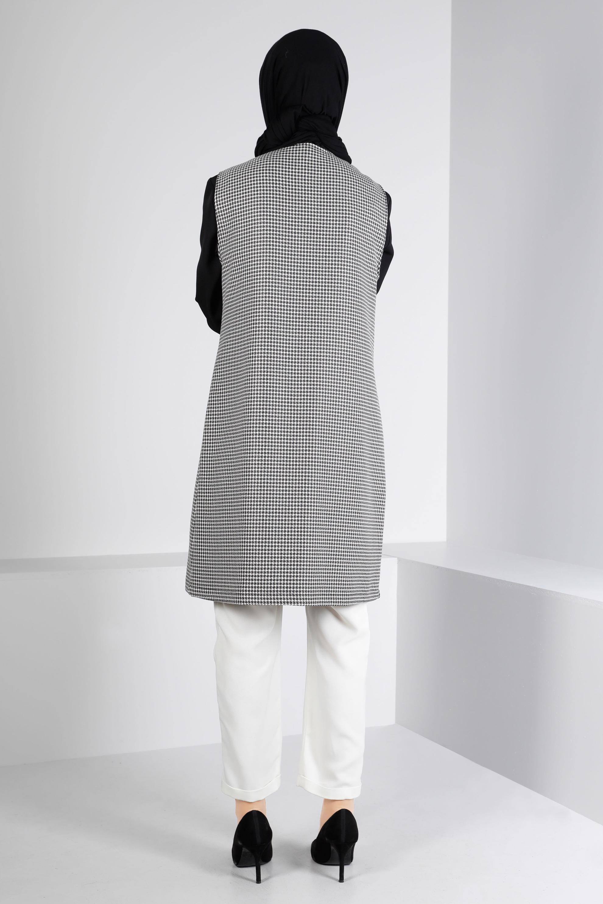 Tesettür giyim GRİ KAZAYAĞI DESENLİ İKİLİ TUNİK 43425 