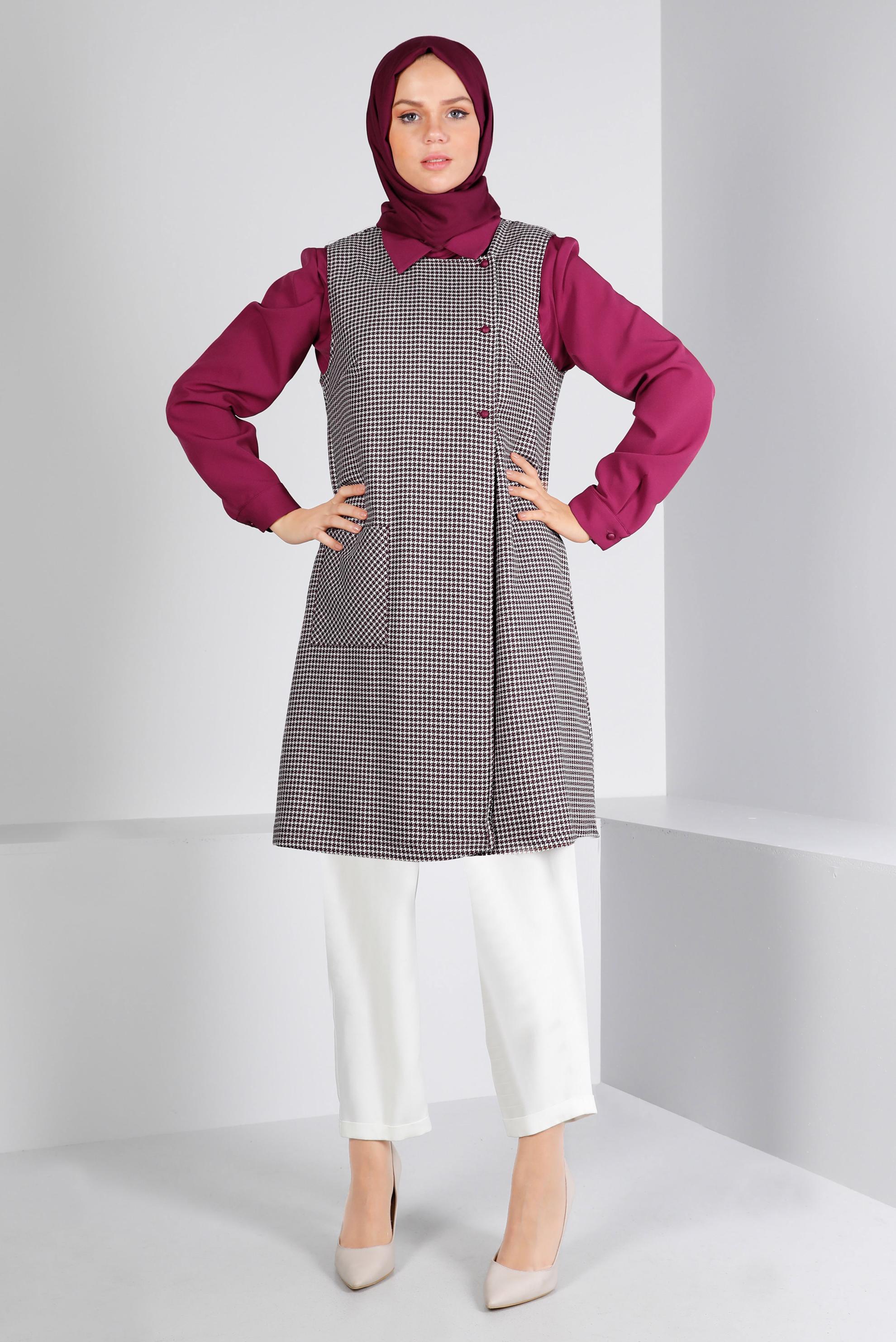 Tesettür giyim FUŞYA KAZAYAĞI DESENLİ İKİLİ TUNİK 43425 