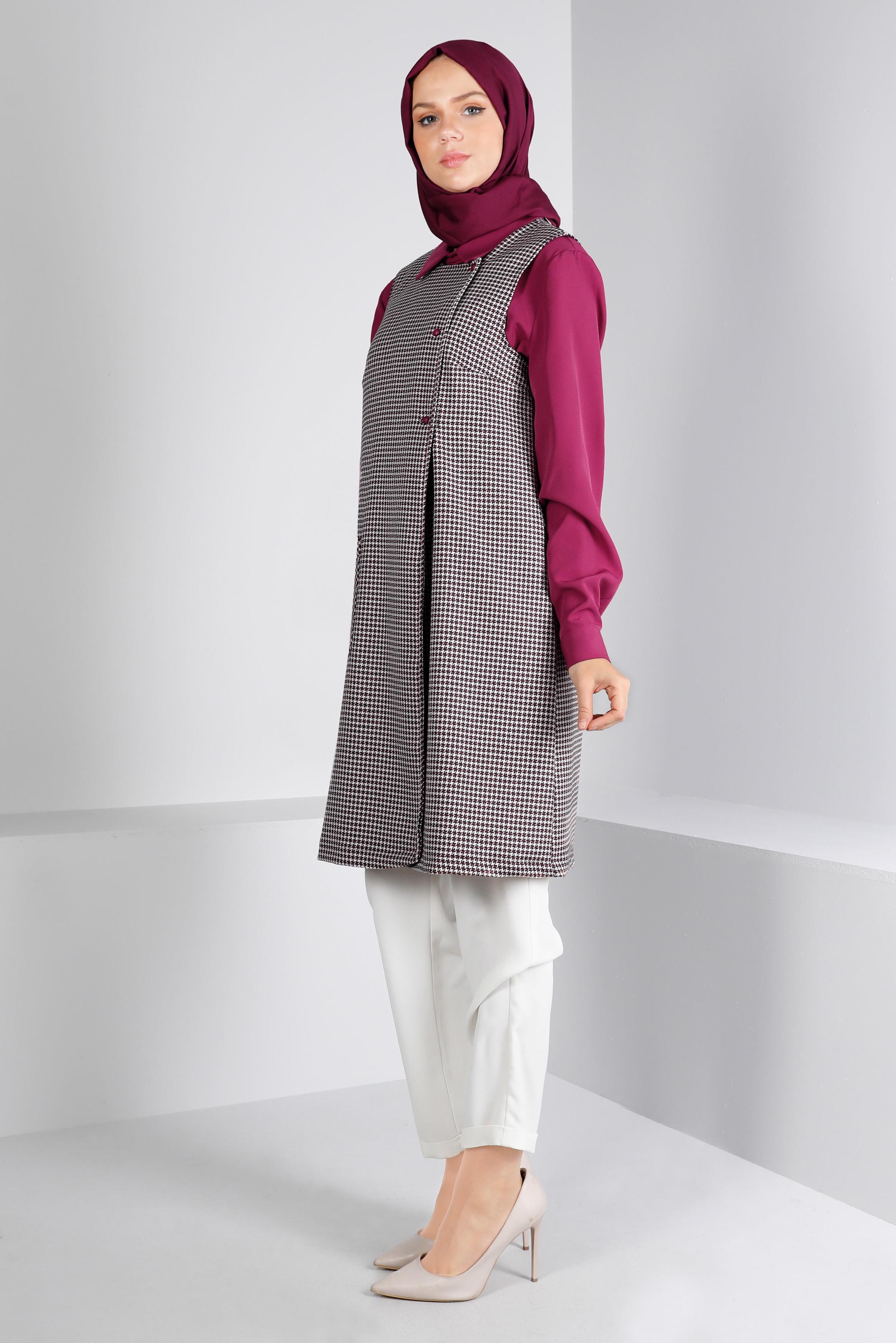 Tesettür giyim FUŞYA KAZAYAĞI DESENLİ İKİLİ TUNİK 43425 