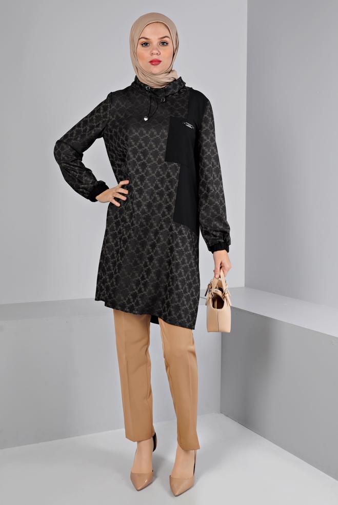 Tesettür giyim  KENDİNDEN DESENLİ CEPLİ TUNİK 43426  - ALVİNA