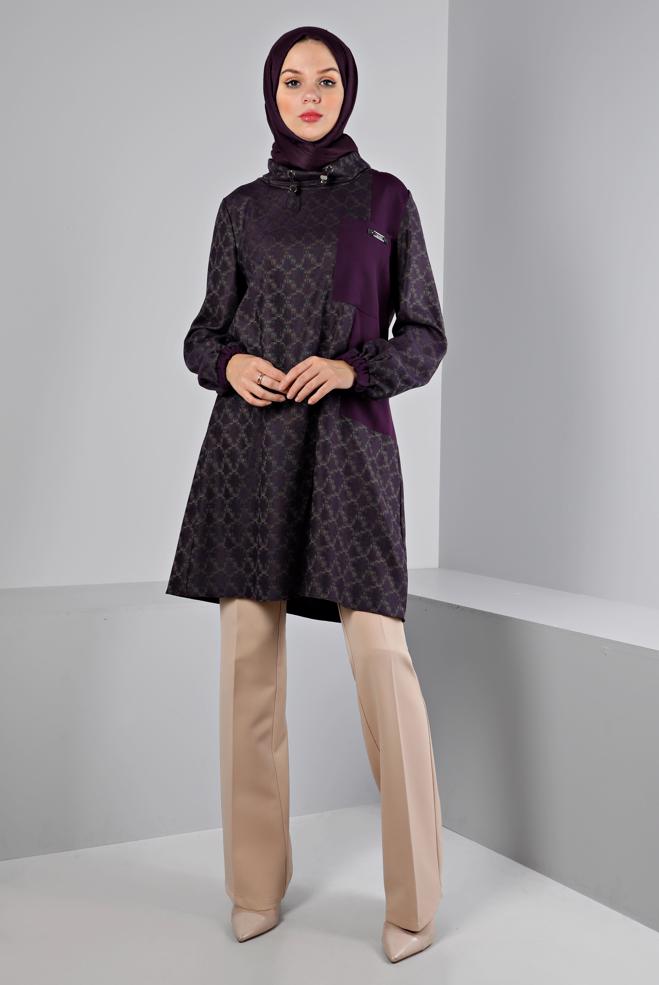 Tesettür giyim  KENDİNDEN DESENLİ CEPLİ TUNİK 43426  - ALVİNA