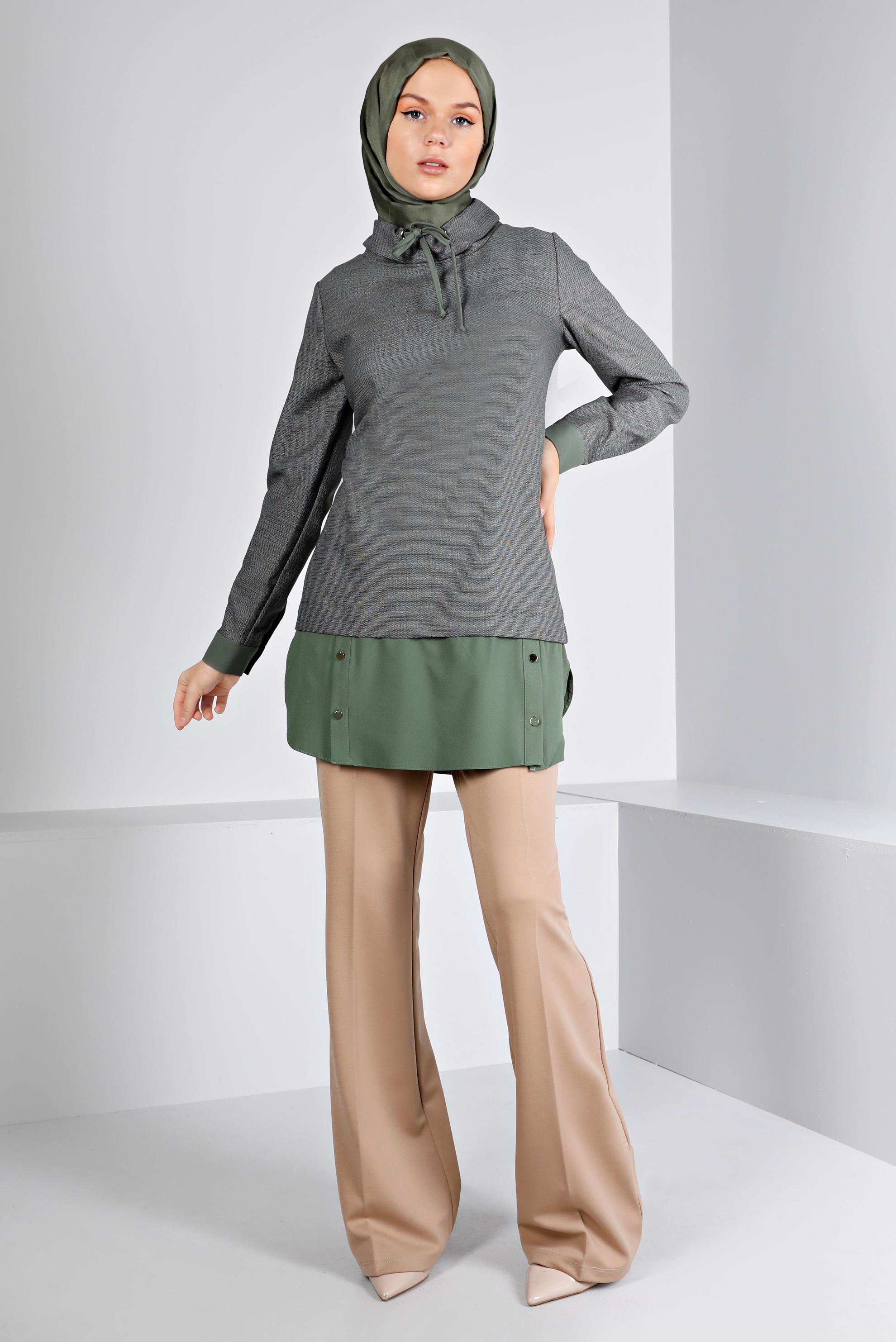 Tesettür giyim HAKİ YAKASI BAĞCIKLI DÜĞMELİ TUNİK 43427 