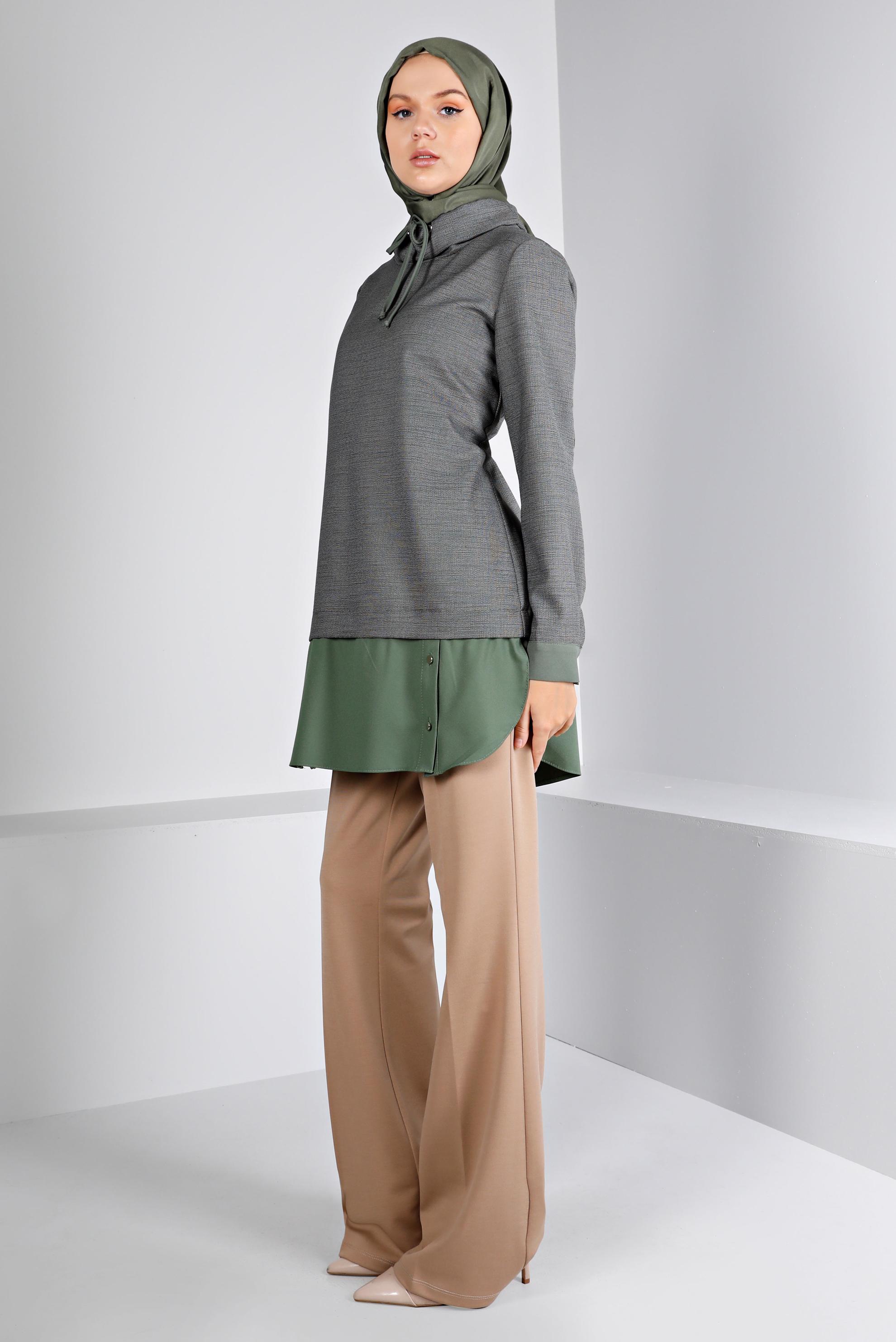 Tesettür giyim HAKİ YAKASI BAĞCIKLI DÜĞMELİ TUNİK 43427 